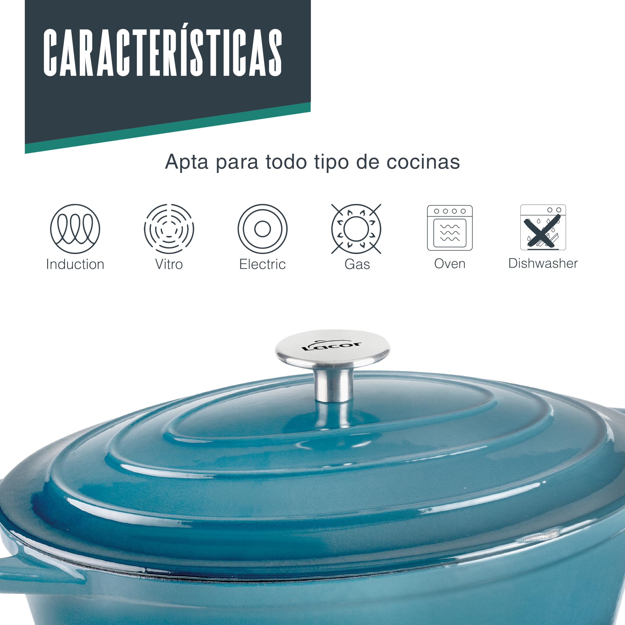 LACOR 71709 - Cacerola Hierro Fundido Esmaltado, 3, 5 Litros, 29 x 21 cm | En hierro robusto, para guisos y cocciones uniformes; apto para inducción y horno, apto para lavavajillas, cómodo y funcional