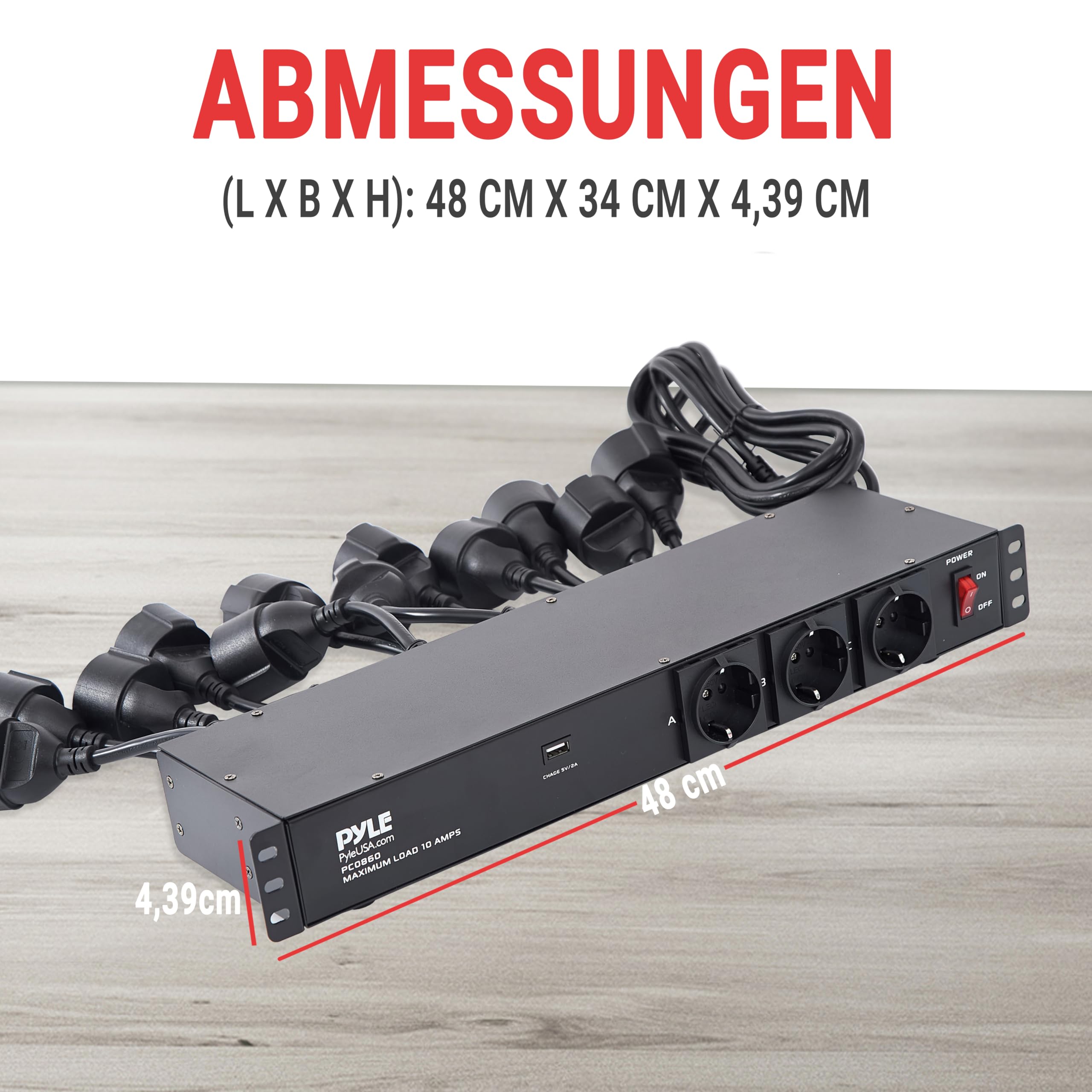 Pyle Steckdosenleiste, 15 Fach- Mehrfachsteckdose, 1U 19 Zoll Rack-Montage in Netzwerkschrank, USB Anschluss, 3,5m Kabel, Schaltbarer Verteilerleiste für Studio, Bühne, Werkstatt
