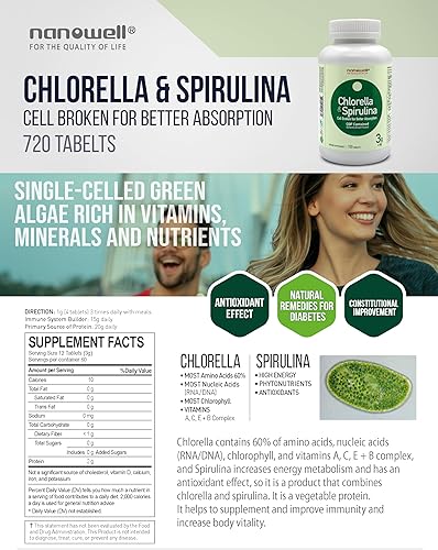 Miniatura 4 de Chlorella & Spirulina 720 Tabletas - Clorella, Espirulina, Antioxidantes, Vitaminas, Ricas en Proteínas, Pared Celular Rota (720 unidades)