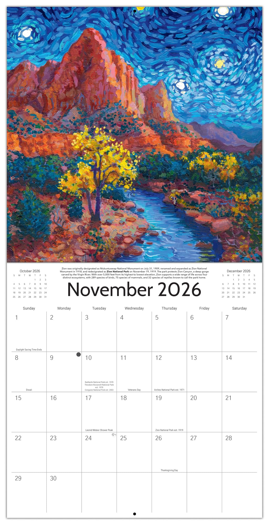 Calendario National Park de noche estrellada 2026 de 12 x 24 pulgadas