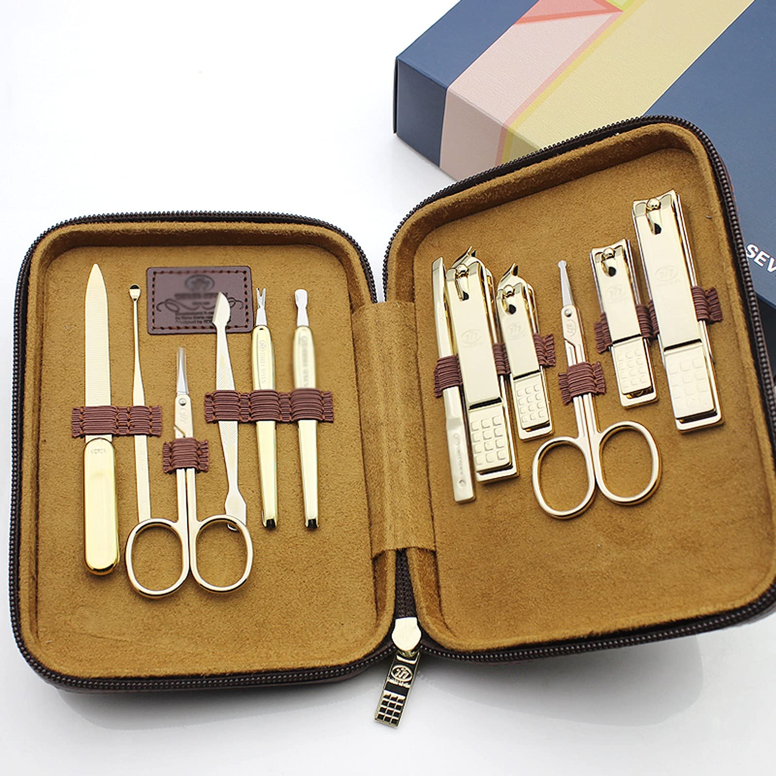 Kit per cutter per unghie Manicure Set da uomo Clippers per unghie professionale Kit pedicure -12 pezzi in acciaio inox strumenti per la cura delle unghie portatili con custodia da viaggio in pelle ma