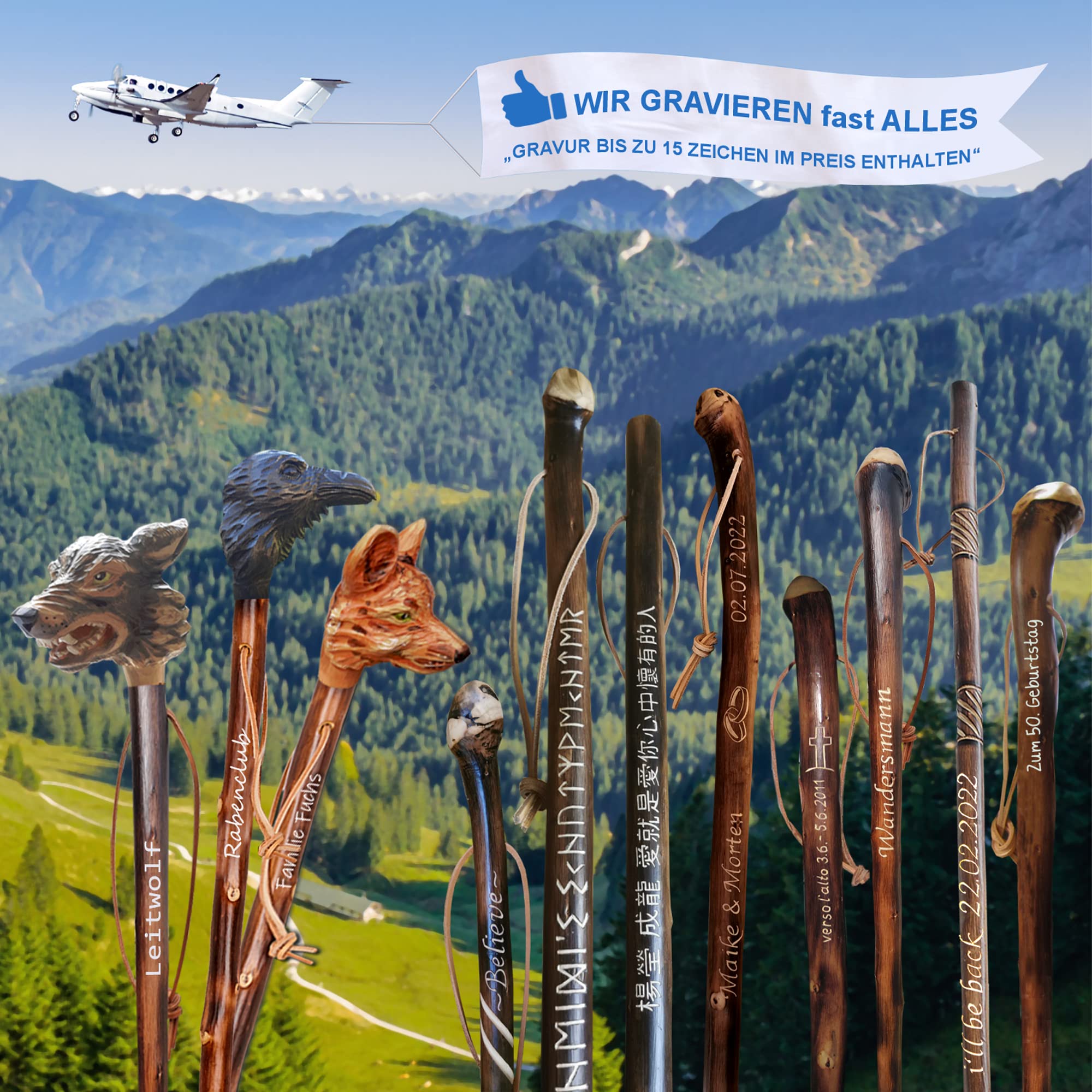 Jagd-Schnitzerei Peter® Wanderstock Holz mit Keilerkopf 98-180 cm | Handgeschnitzt, Farbe siehe Abbildung, Gravur bis zu 15 Zeichen im Preis enthalten