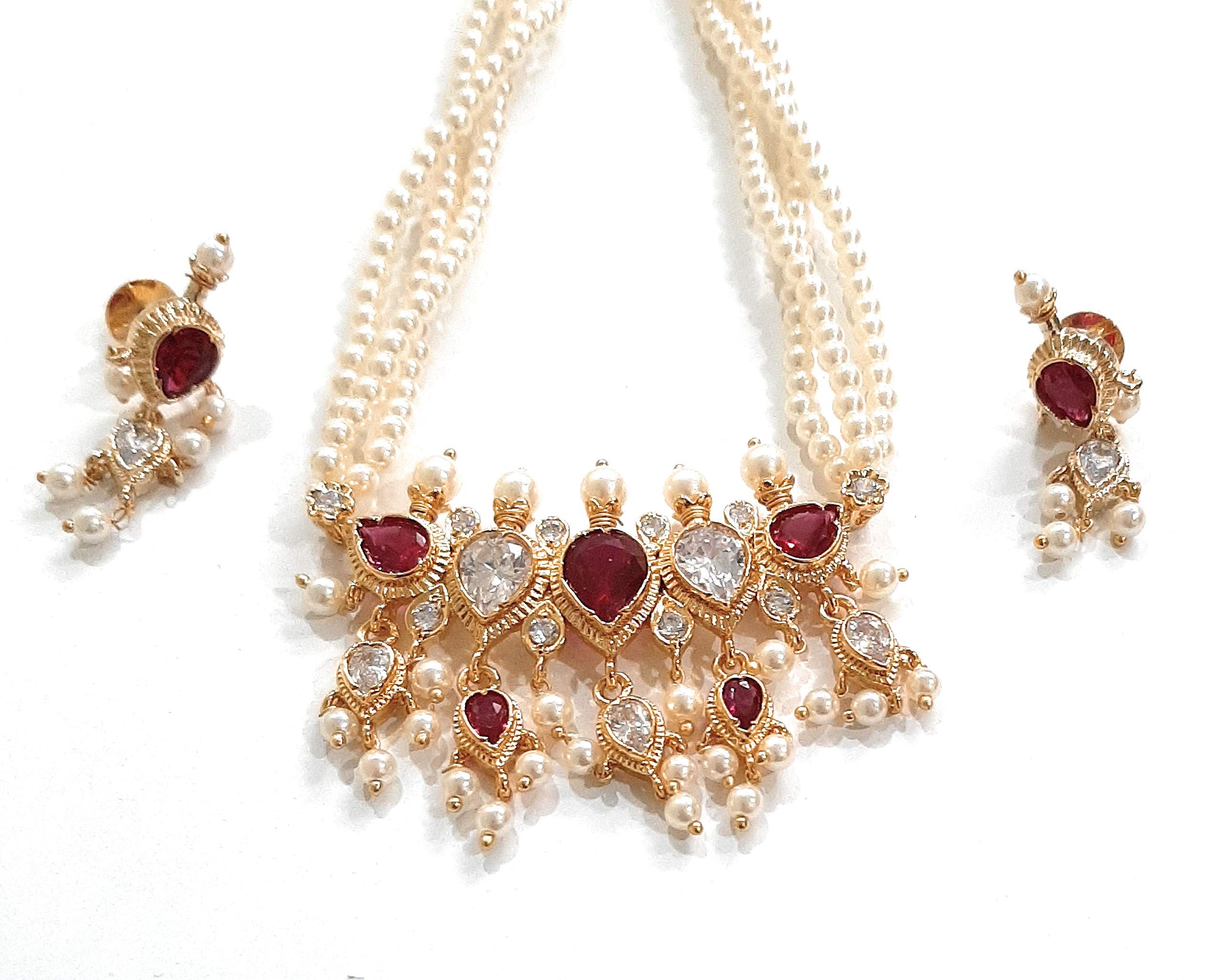 Moteeya red and white american diamond Maharashtrian tanmani set gold platted with matching earrings in artificial pearl strings for women (B08P1FG9FZ) Amazon Price History, Amazon Price Tracker