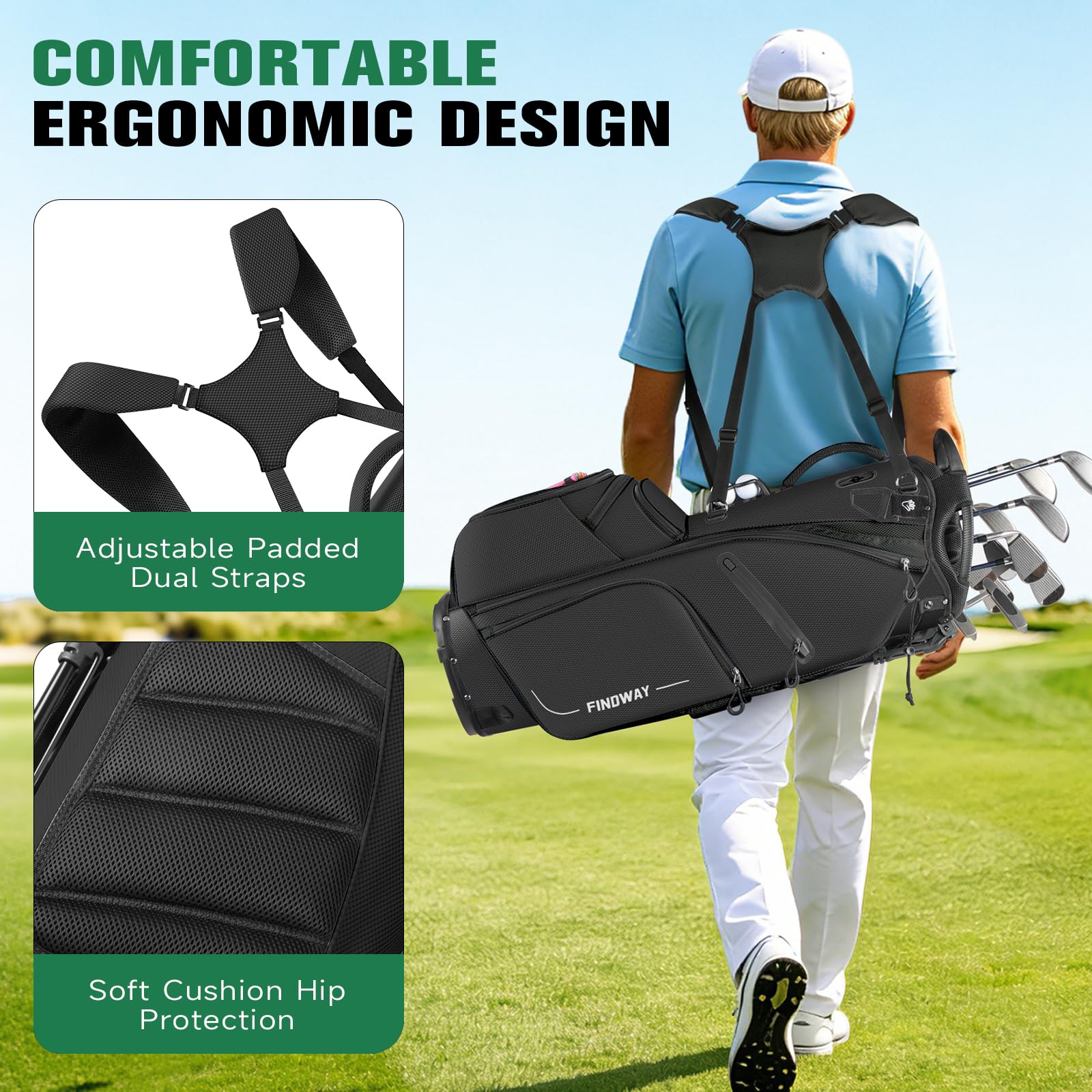 Findway Golf Bag, 14er Unterteilung Golf Stand Carry Trolley Bag, Golf Hybrid Bag Golftasche, leichte Pencil Bag tragbar für Männer & Frauen