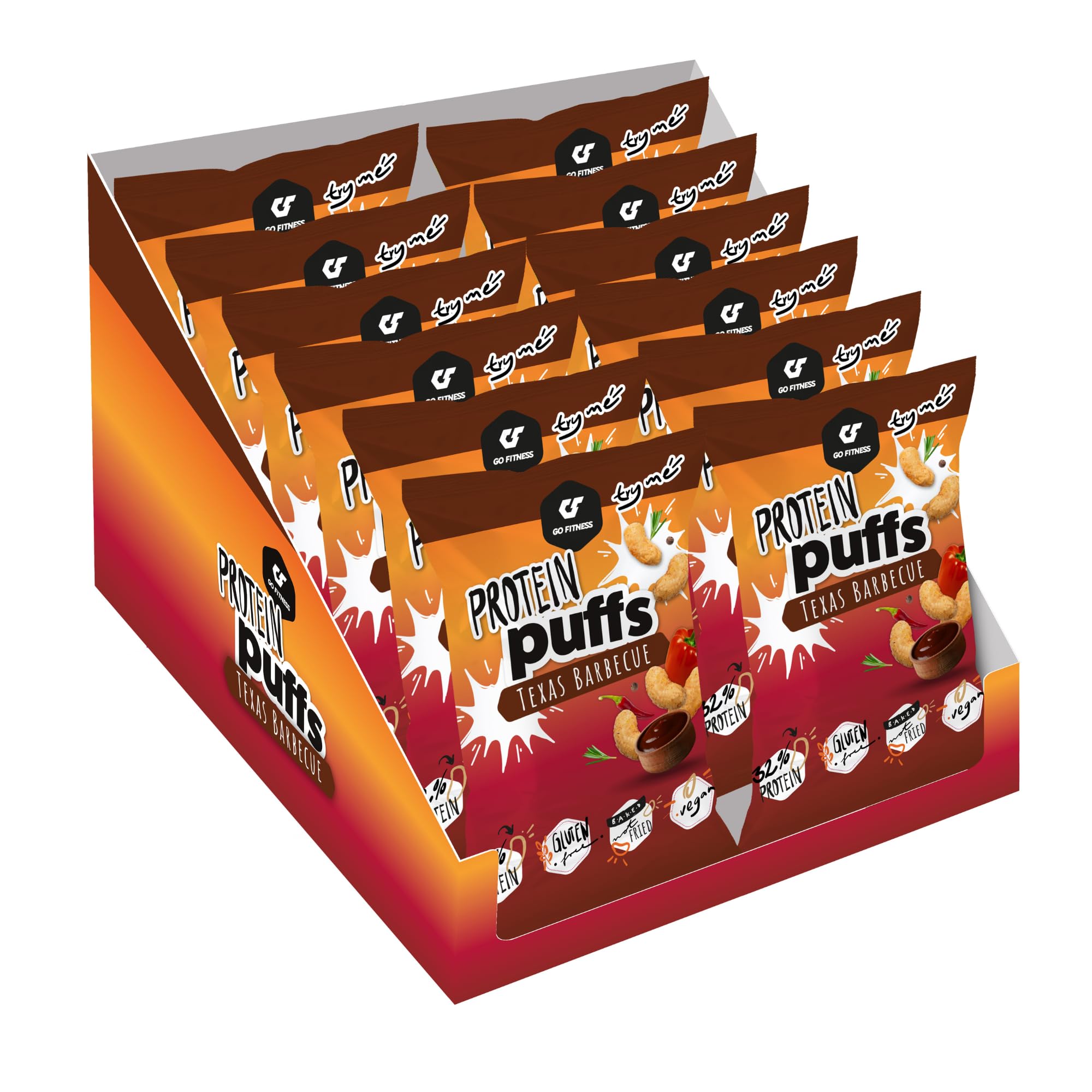 Go Fitness High Protein Snacks - Puffs, 12 x 50 Gramm Packungen mit je 16g Eiweiß - Texas BBQ - Linsen Chips - Eiweißriegel alternative und herzhafter Snack