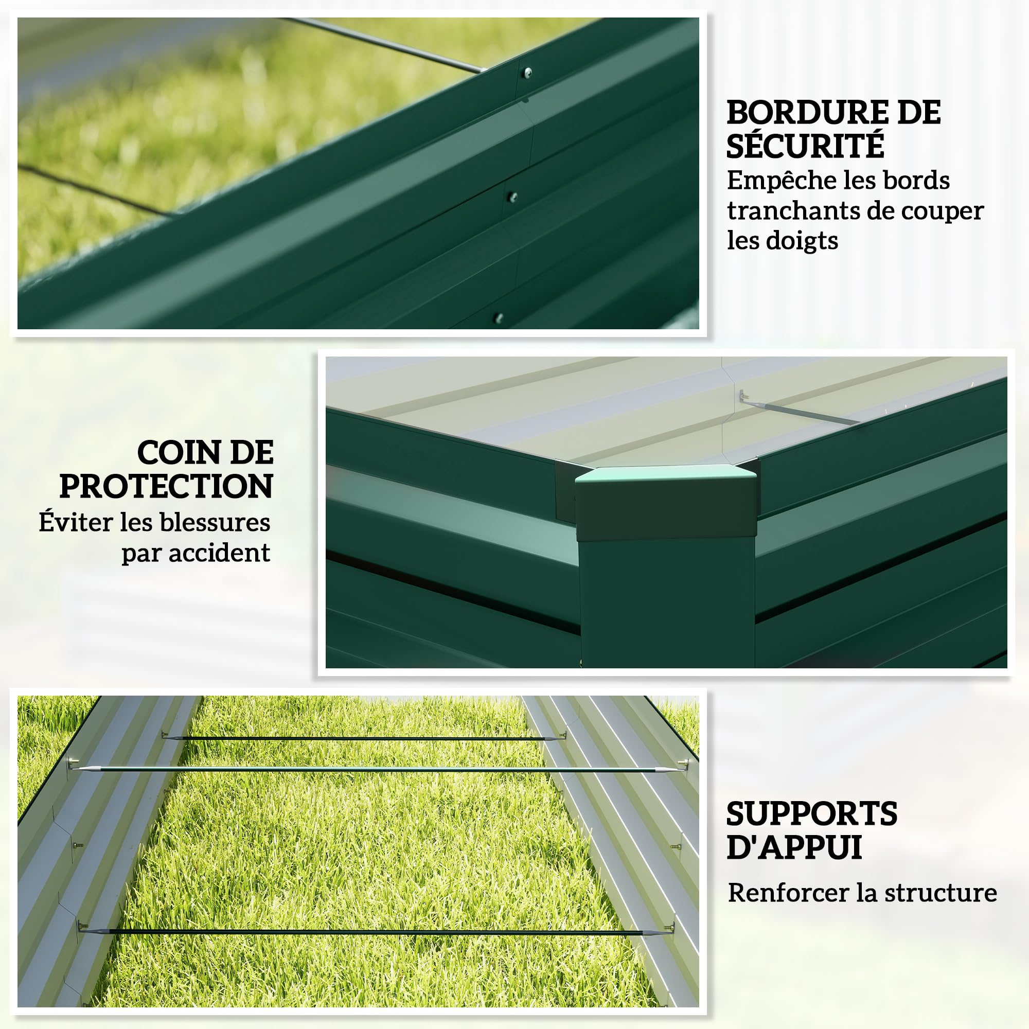 Outsunny Carré Potager Rectangulaire Acier Galvanisé 240x60x30cm Vert | Lit de Jardin Surélevé, Fond Ouvert, Jardinière avec Coins de Protection