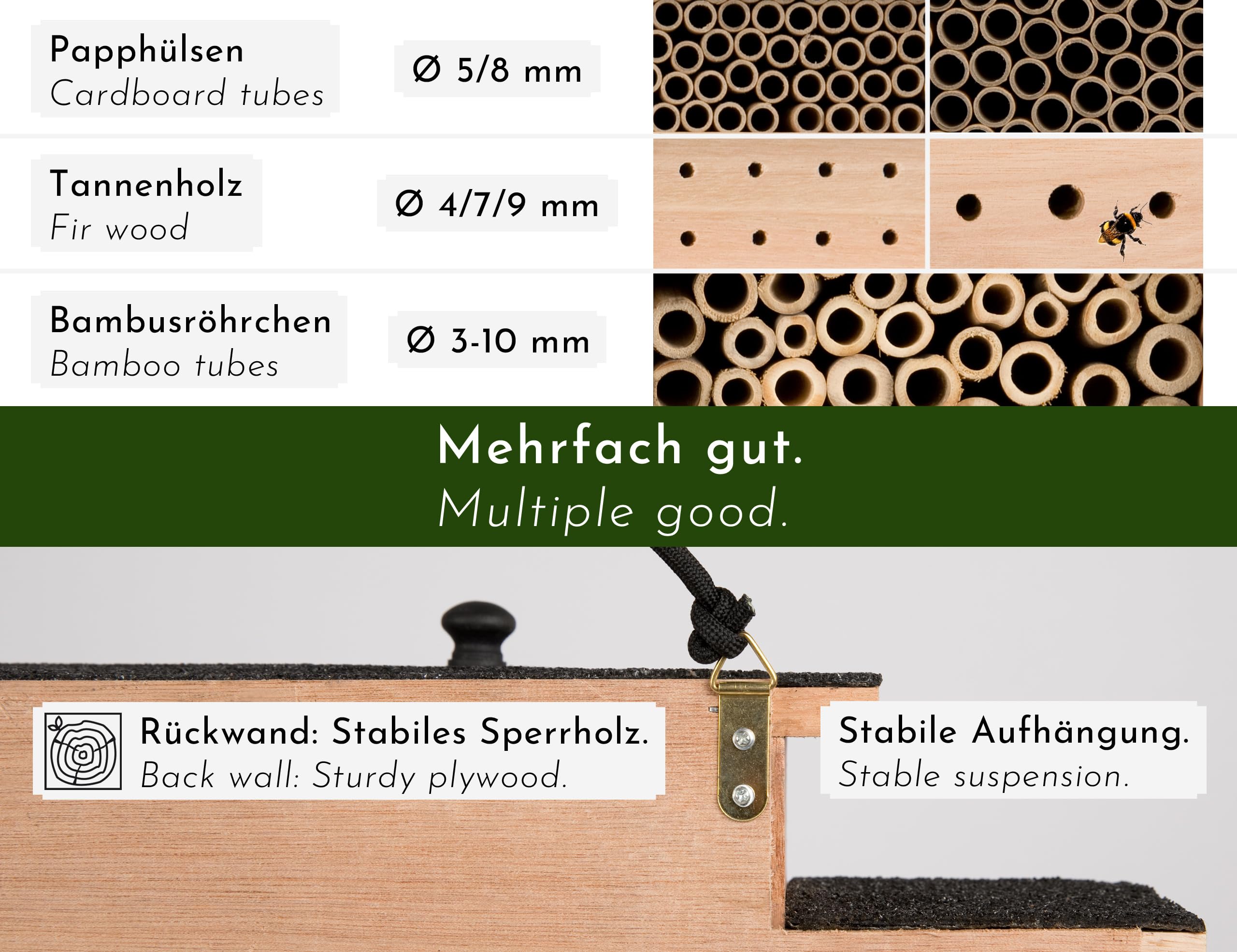 Design Insektenhotel aus Holz mit 7 Zimmern und Terrasse, Bienenhotel groß hängend Nisthilfe für Wildbienen, braun schwarz