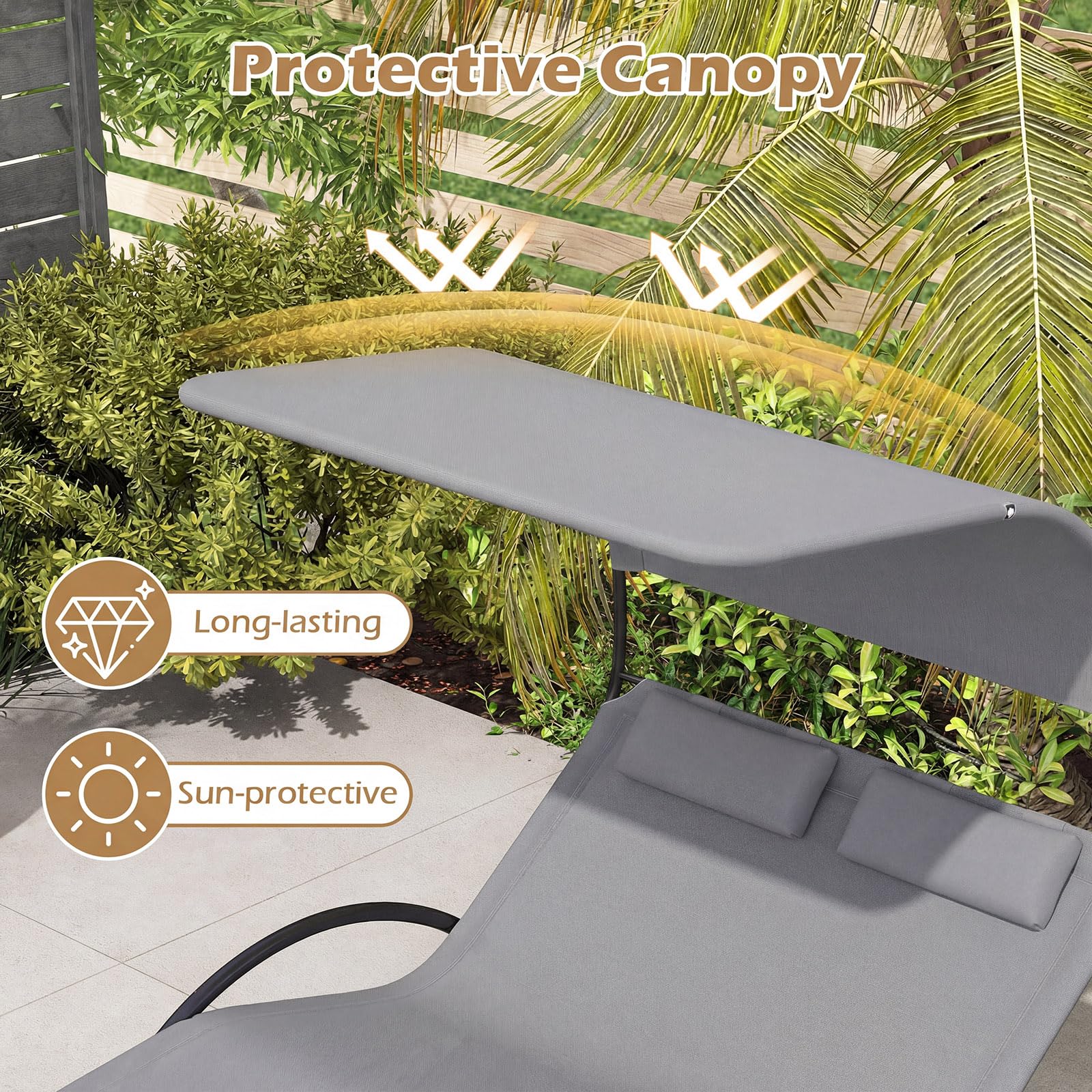 GIANTEX Chaise Longue de Jardin à Bascule pour 2 Personne, Poche Latérale, Transat Double à Bascule, Charge 300 kg, Auvent Pare-Soleil, 2 Oreillers Amovibles, Cadre en Métal, pour Jardin, Balcon, Gris