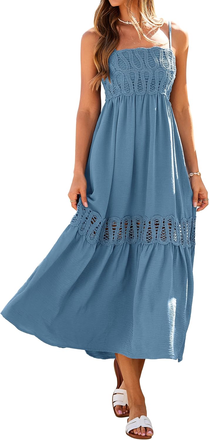 Glamaker Women's Summer Crochet Lace Maxi Dress 2026 Spaghetti Strap Smocked Flowy Beach Vacation Long Sundress with Pockets