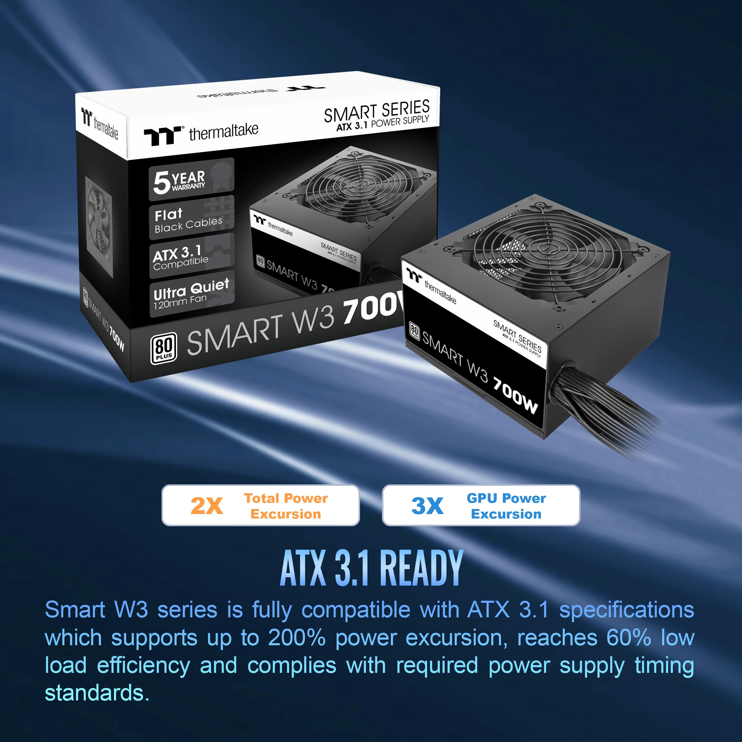 Fuente de alimentación Smart W3 Series 80Plus certificada de 700 W; especificaciones ATX v3.1; ventilador FDB de 4.724 in; 5 años de garantía; PS-SPW-0700NNFAWU-1 2