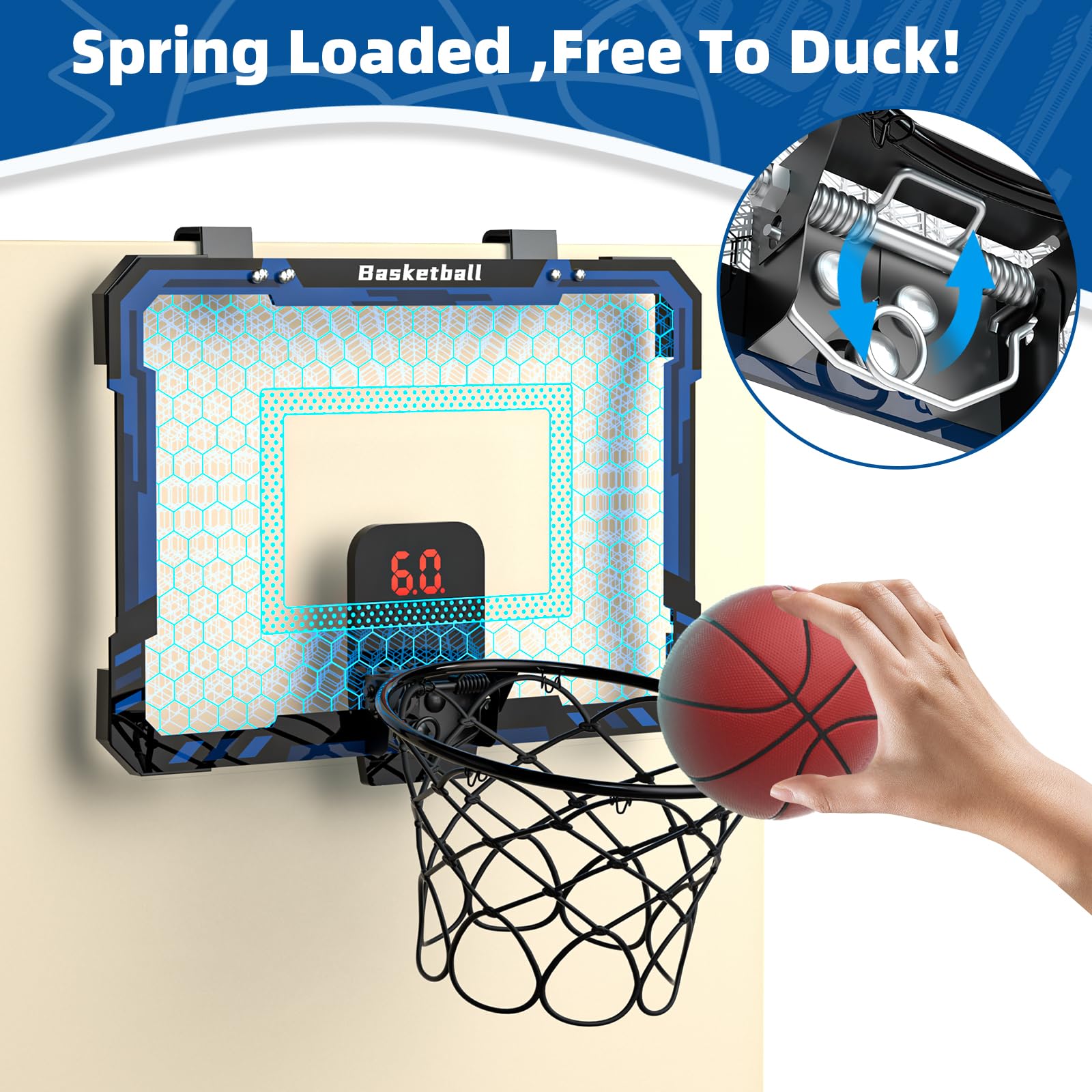 Mini Canasta De Baloncesto Para Puerta Con LED Y Marcador Electrónico – 4 Pelotas Incluidas, Aro Abatible De 60°, Ideal Para Interiores