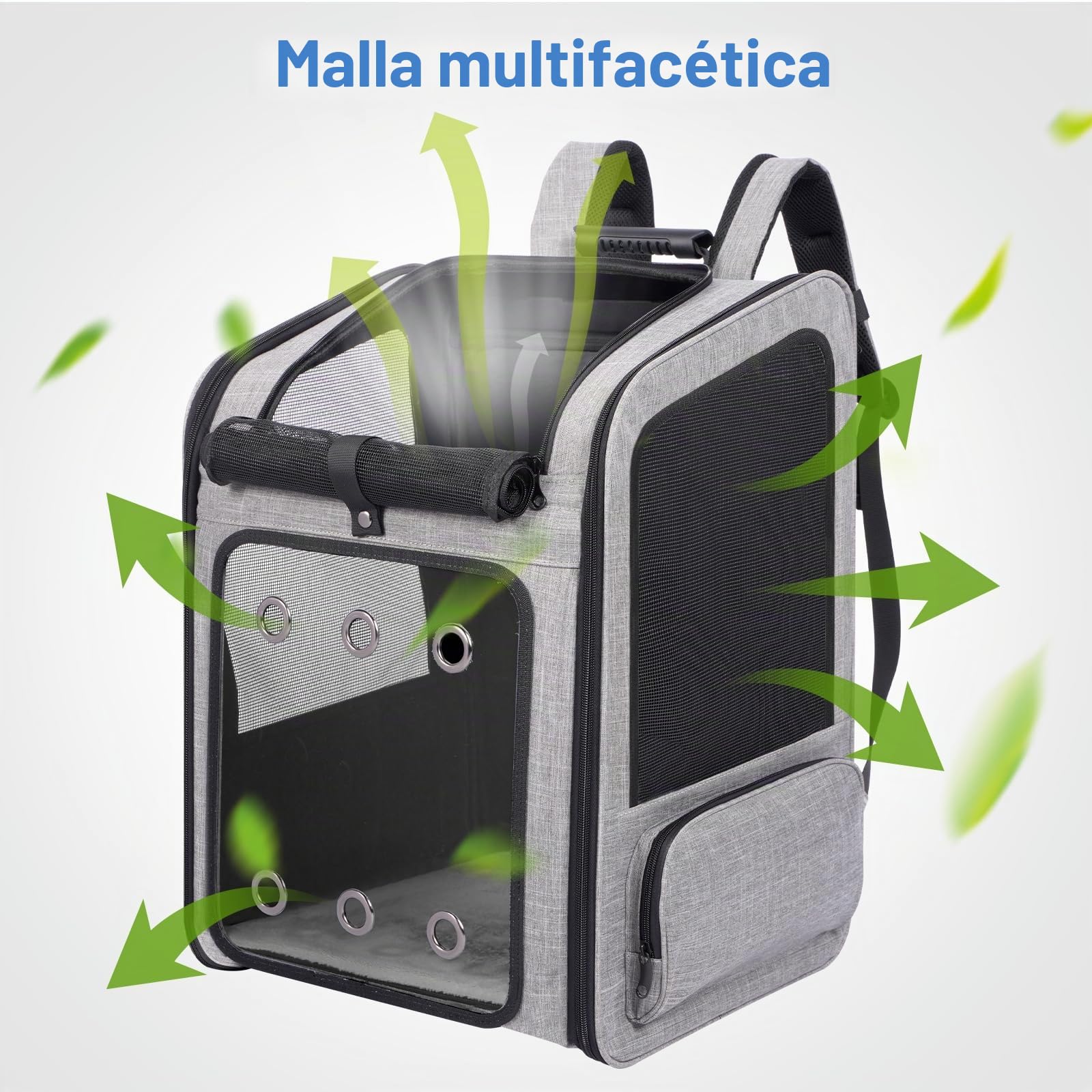 Mochila Transportín para Gatos Grandes hasta 15 kg y Perros Pequeños 12 kg, con Panel Acrílico Transparente, Malla Transpirable, Almohadilla Lumbar Acolchada y Cojín Desmontable y Lavable