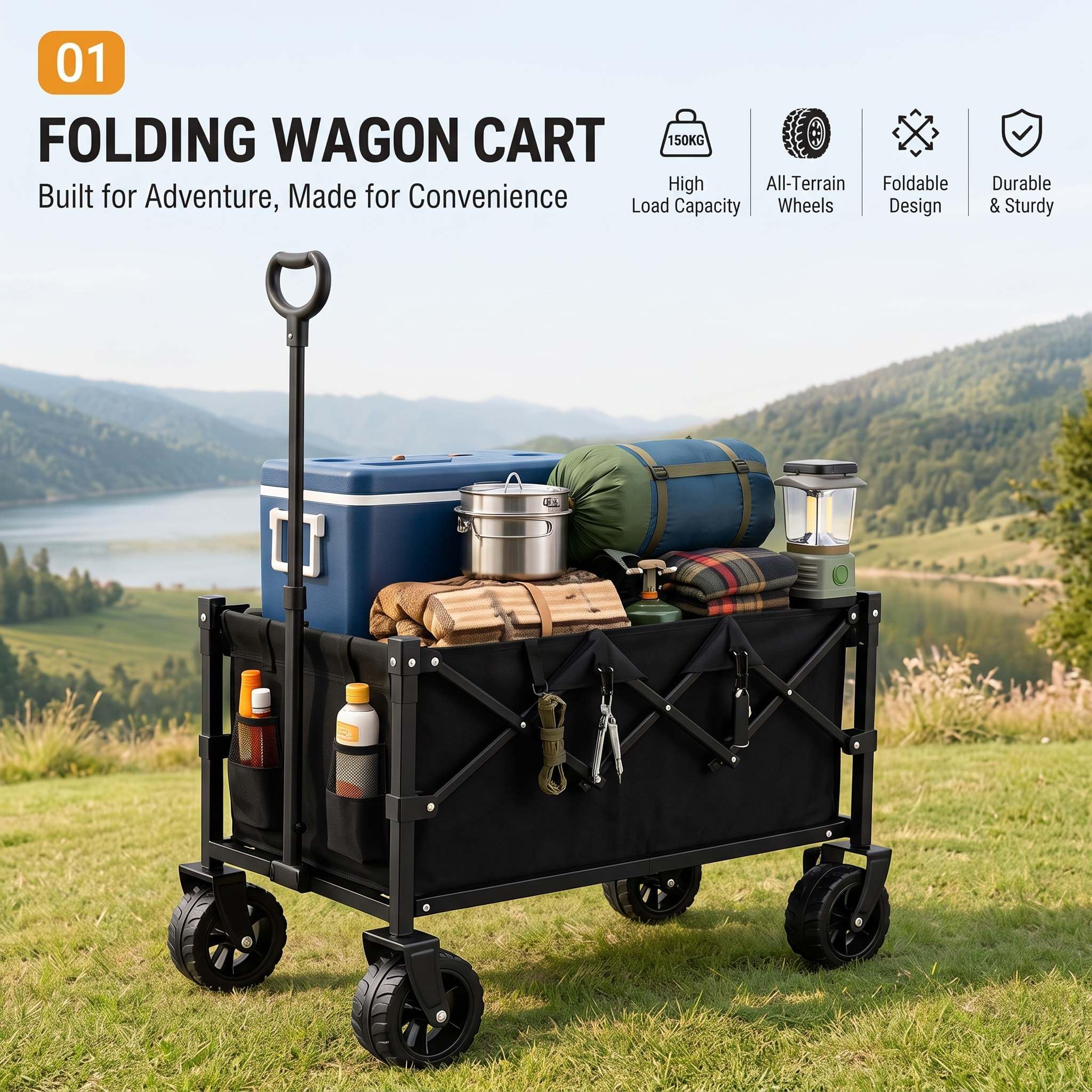 Chariot de transport pliable avec roues tout-terrain et poignée | Chariot d'extérieur robuste avec tissu Oxford, idéal pour le camping, la plage, le jardinage et les courses