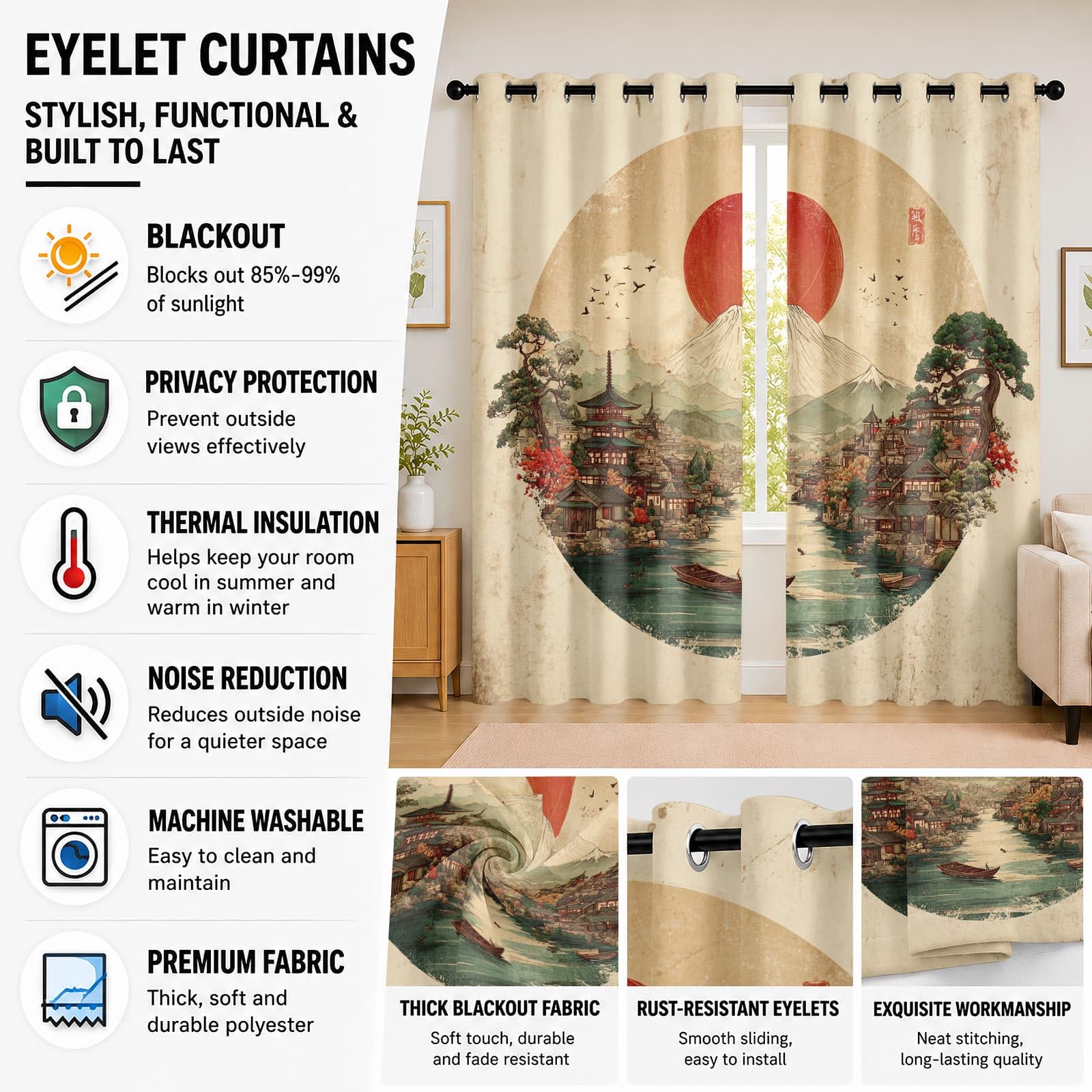 Infantil Cortinas Opacas Aislantes 2 Paneles 140An x 260Al cm Estilo JaponéS Arquitectura Paisaje Suave Poliéster Termicas Cortina con Ojales Verde para Salon Dormitorio Oficina Hogar Decorativa