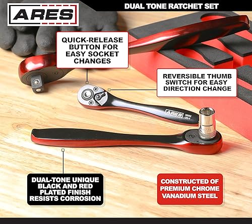 Miniatura 4 de ARES 42051-38 pulgadas Drive Stubby Dual Tone 72 dientes, hecho de acero al cromo vanadio, elegante acabado negro y rojo, liberación rápida para un