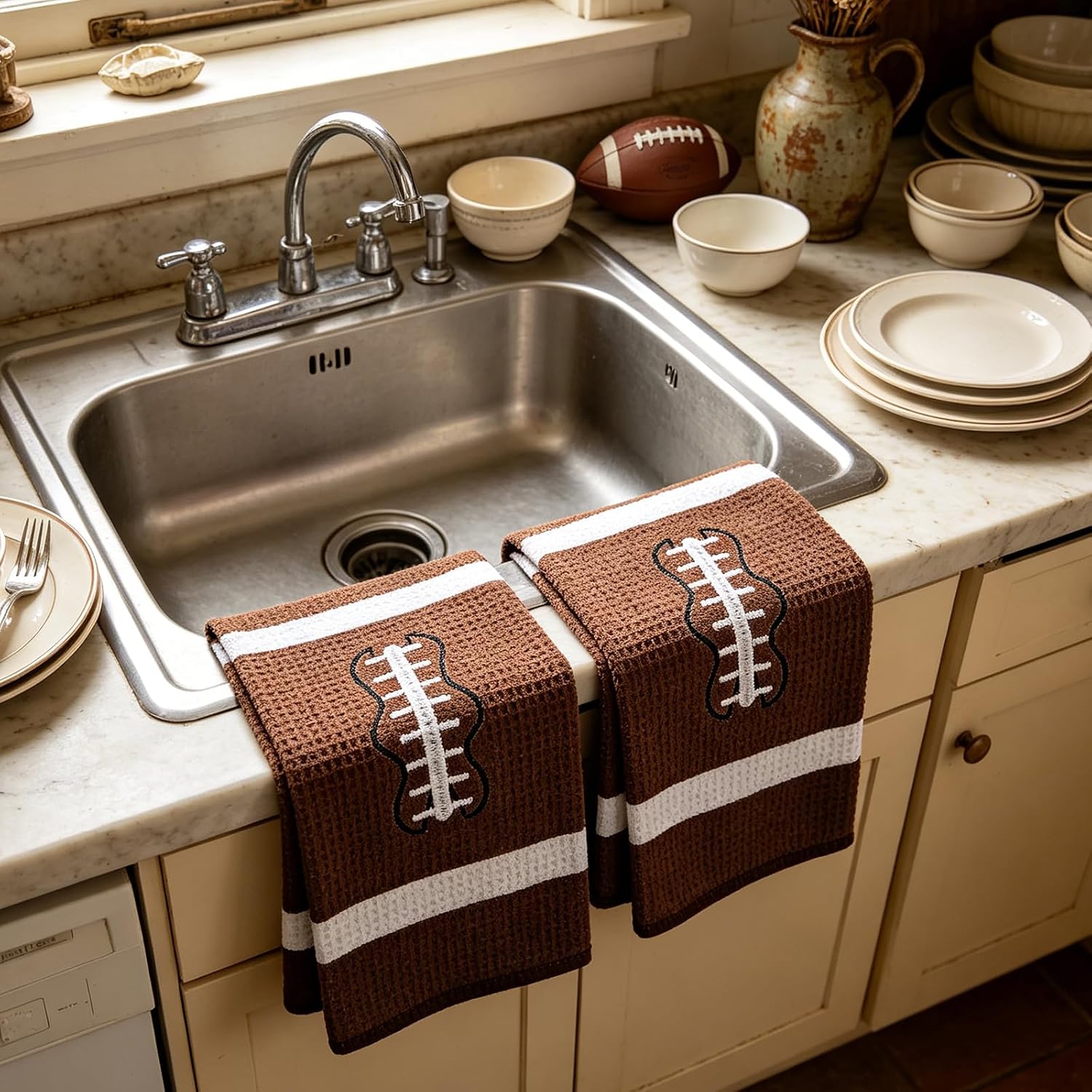 JarThenaAMCS Football Kitchen Towels Waffle Dish Towels 16 x 24 Inch Brown Football Rugby Embroidered Hand Drying Tea Towel for Sports Event Birthday Party Gift, Set of 2