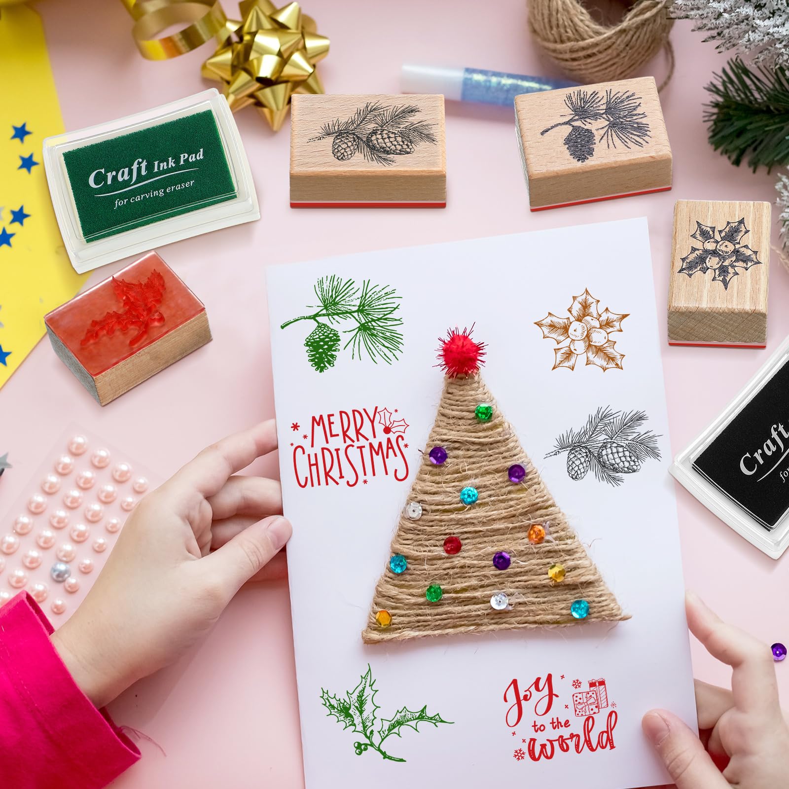 Watersay Juego de 14 sellos de goma de Navidad y almohadillas de tinta para manualidades, 9 sellos de goma de Navidad de madera, 5 almohadillas de tinta para manualidades, tarjetas de bricolaje y
