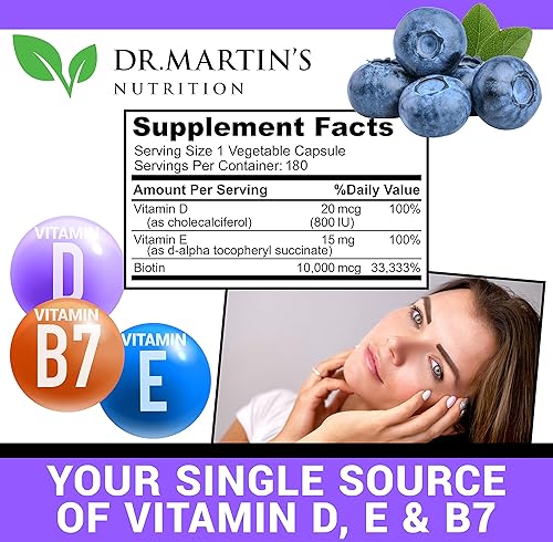 Miniatura 7 de Potente biotina (vitamina B7) 10,000 mcg con suplemento de vitaminas D y E  180 unidades  Cabello, piel y uñas  Para un crecimiento del cabello más