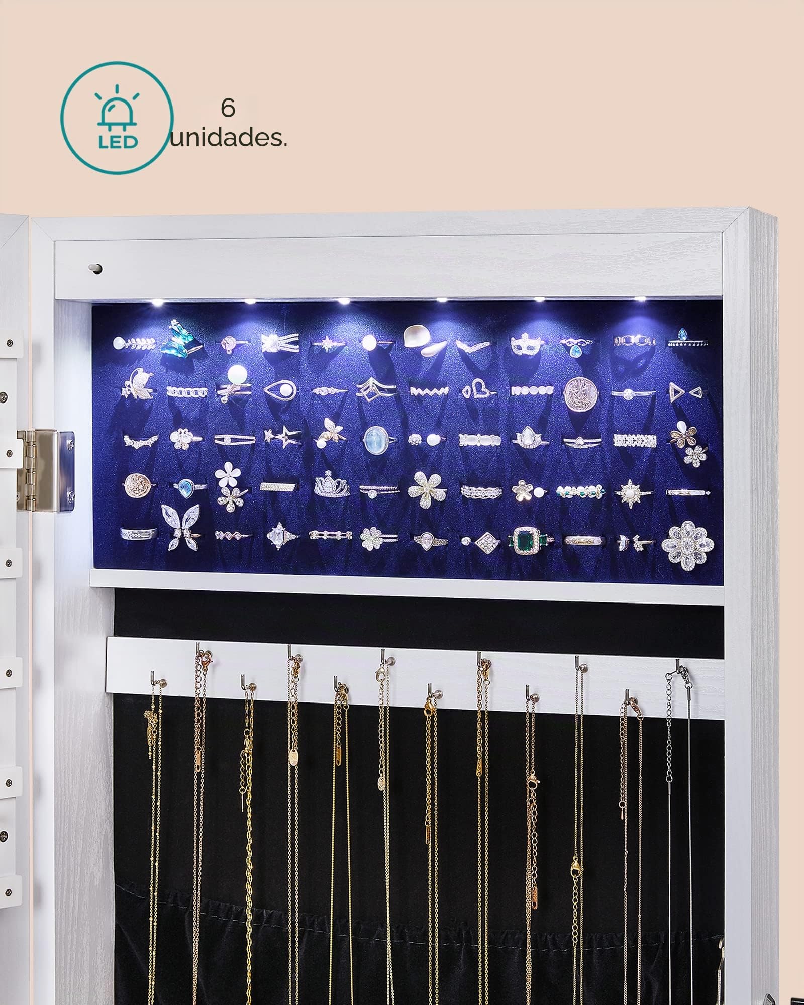 SONGMICS Espejo Joyero de Pared, Espejo Joyero Colgante sin Marco, Armario de Joyas con 6 LEDs para Colgar en la Pared o en la Puerta, Gran Capacidad con 2 Cajones, Blanco JJC99WT