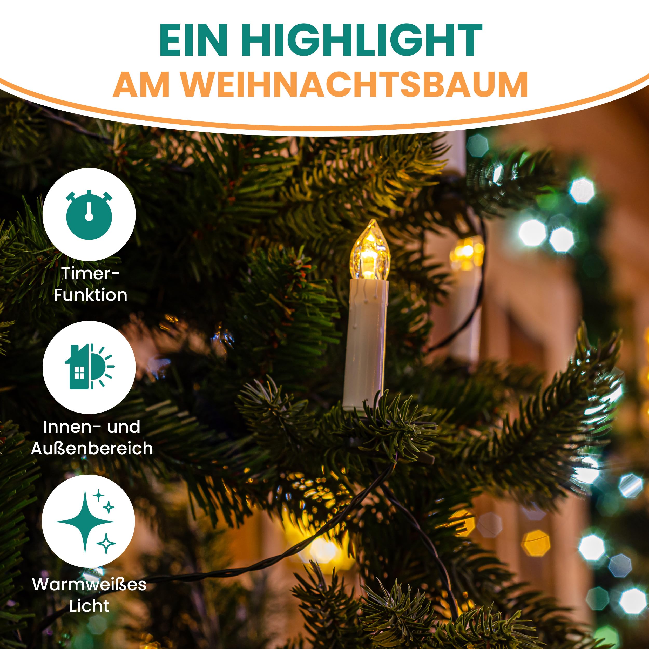 Gartenpirat Baum-Lichterkette 25 m mit 50 LED-Kerzen warmweiß Timer Weihnachtsbeleuchtung für Innen & Außen