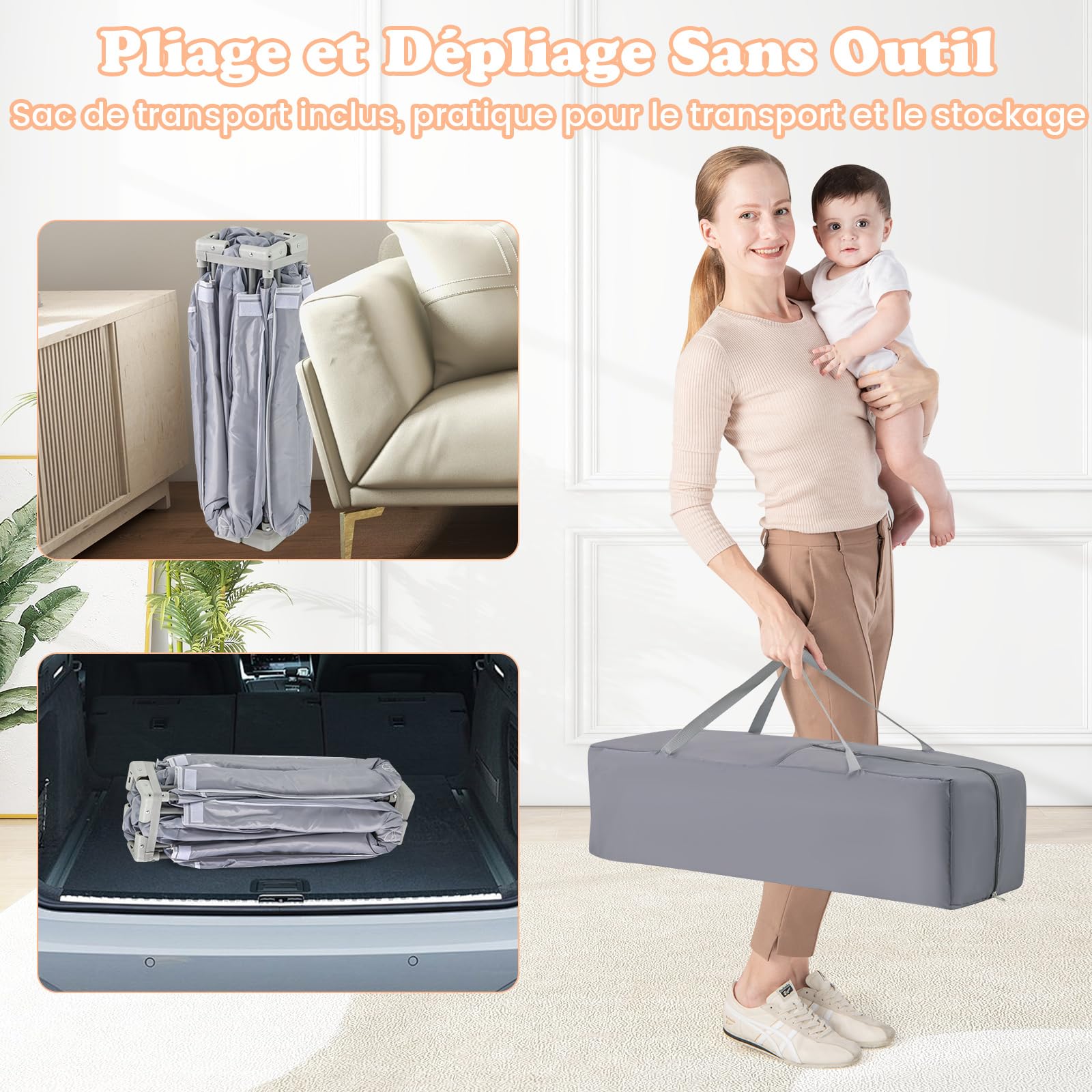 COSTWAY Parc Bebe Pliable avec 50 Balles Océaniques, 150 x 150 x 76,5 cm, Parc Enfant sans BPA pour Tout-petits, Filet Respirant, Portail Zippé, 4 Anneaux de Traction, Clôture Large en Oxford (Gris)