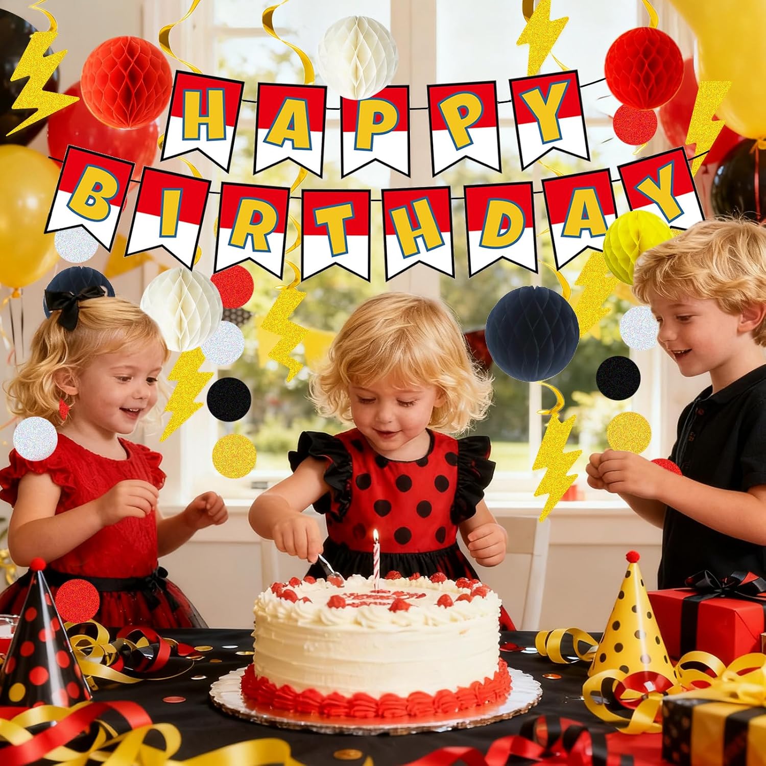 Cartoon Animation Birthday Party Decorations, Party Supplies Birthday Banner, Honeycomb Balls, Gold Theme Hanging Swirls, Circle Dots Garland, for Boys and Girls