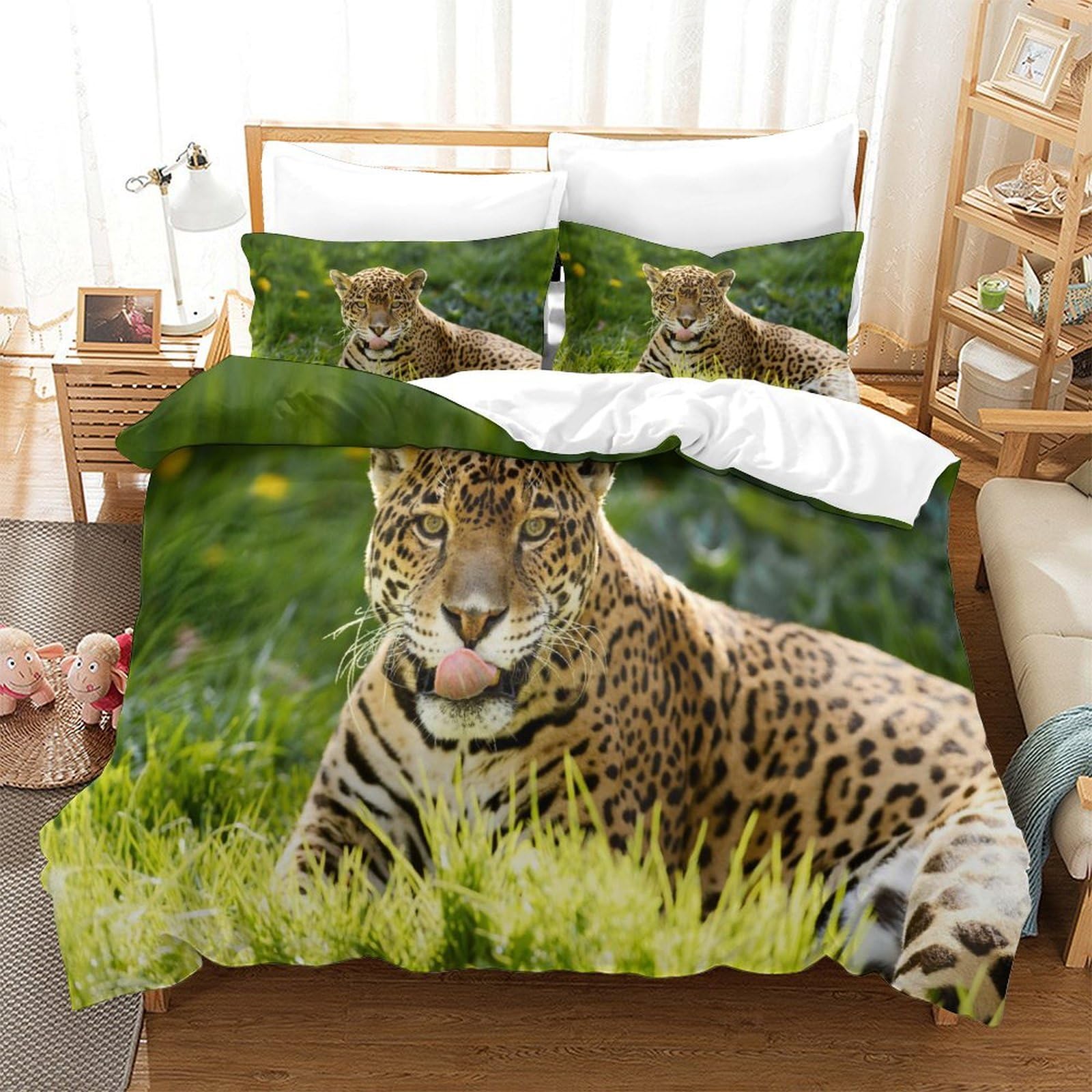 P1s9u7w5y Jaguar-3 3D Printed Jungle Leopard Pattern Duvet Cover Set 3Pcs Microfiber Wildlife Bedding Set King（220X240cm）
