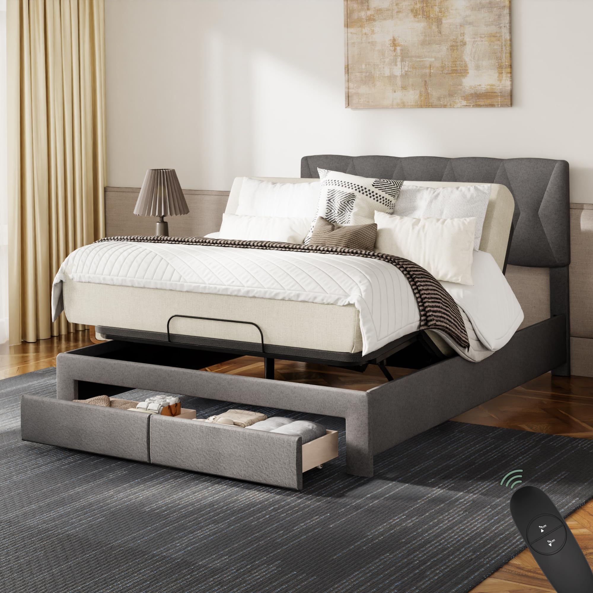 Softa Queen All-in-One Adjustable Bed Frame with 10" Hybrid Mattress, Upholstered Headboard, 2 Storage Drawers, Wired Remote, Quiet Motor, 10-Year Warranty