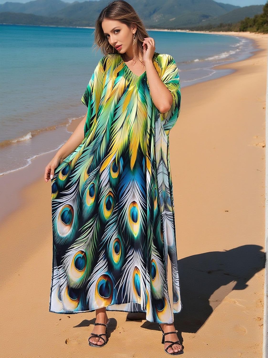 Kaftan Dresses for Women Plus Size Bathing Suit Cover up Vneck Batwing Dress Loose fit Moroccan Caftan mumu Dresses - Image 6