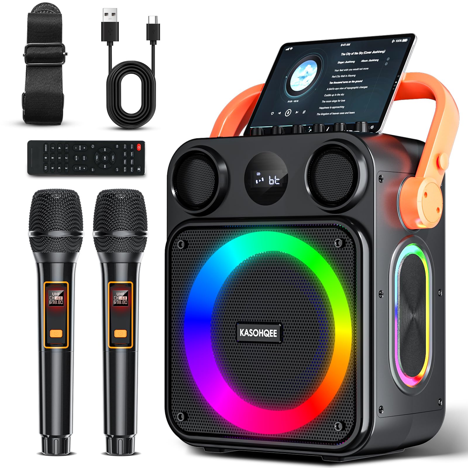 Karaoke-Maschine für Erwachsene, tragbarer Bluetooth-Karaoke-Lautsprecher mit zwei kabellosen Mikrofonen, 3,7-V-Lautsprecher, unterstützt TWS, TF-Karte/USB, AUX-Eingang, REC, Bass und Höhen für