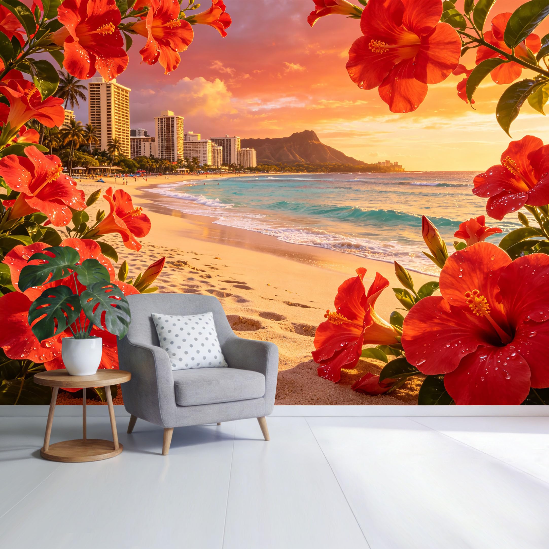 Custom Size Wall Mural Tropical Coastal Sunset Beach with Red Hibiscus Flowers Ocean View SelfAdhesive Wall Fabric Removable Wallpaper for Home Office Decor