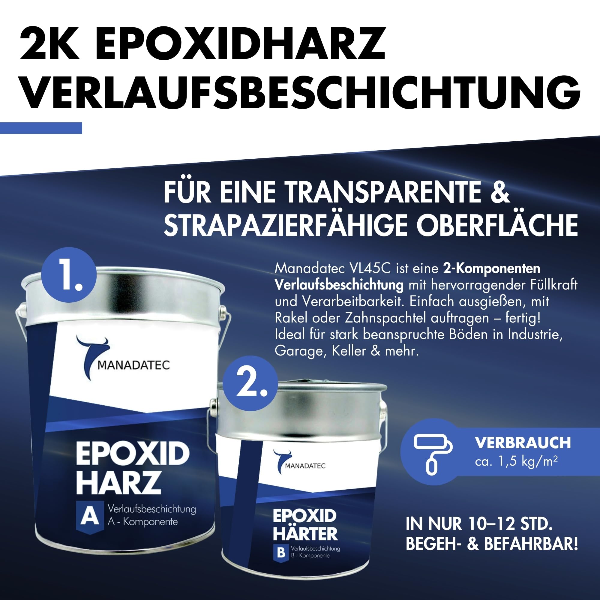 2k Epoxidharz Verlaufsbeschichtung 12kg I RAL 5012 Lichtblau I Lösemittelfrei, Umweltfreundlich & Geruchsneutral I Für ebene Garagen-, Keller- & Werkstattböden I Hohe Belastbarkeit