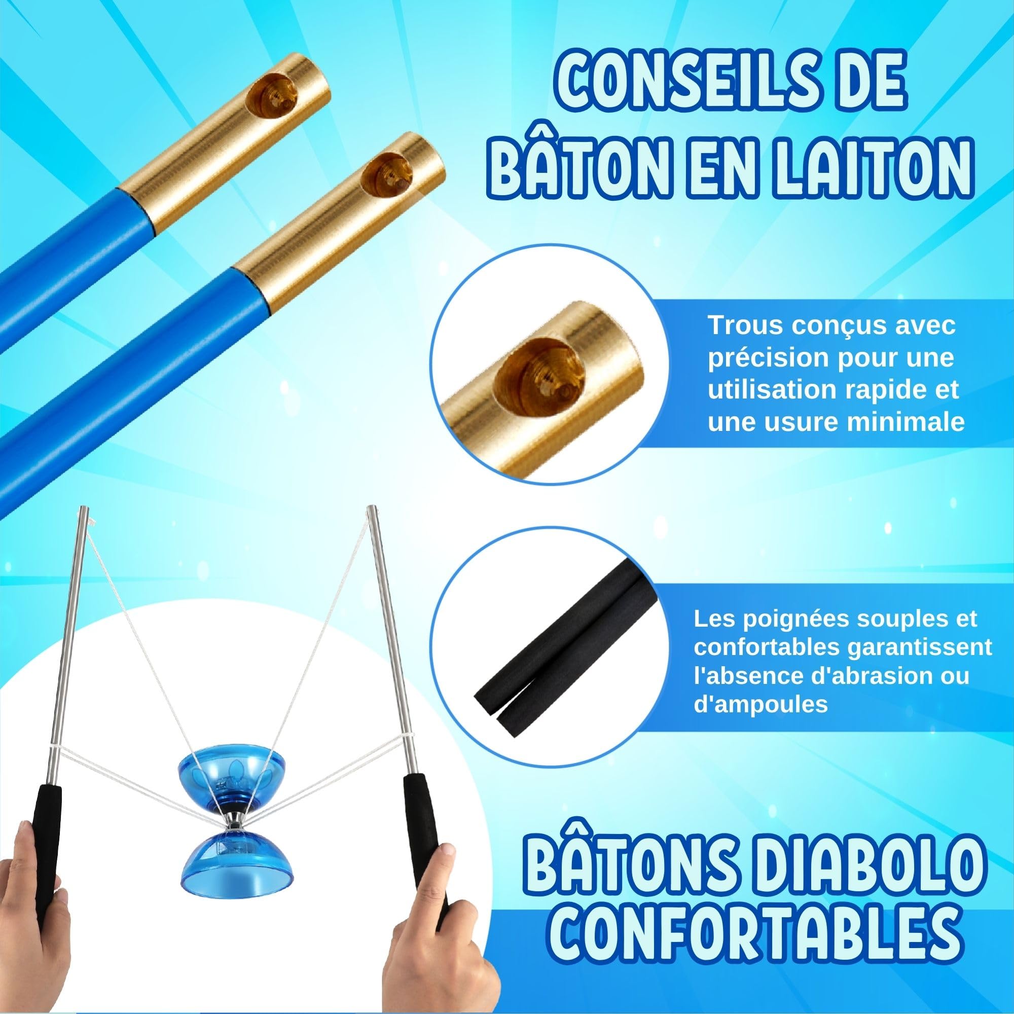 LED Diabolo Tripler Roulement à Billes Kit Jonglerie - Lumineux Diabolo pour Débutants & Professionnels | Cirque Jeu Accessoires pour Les Enfants & Les Adultes | avec Ficelle, Sac en Filet & 2 Bâtons