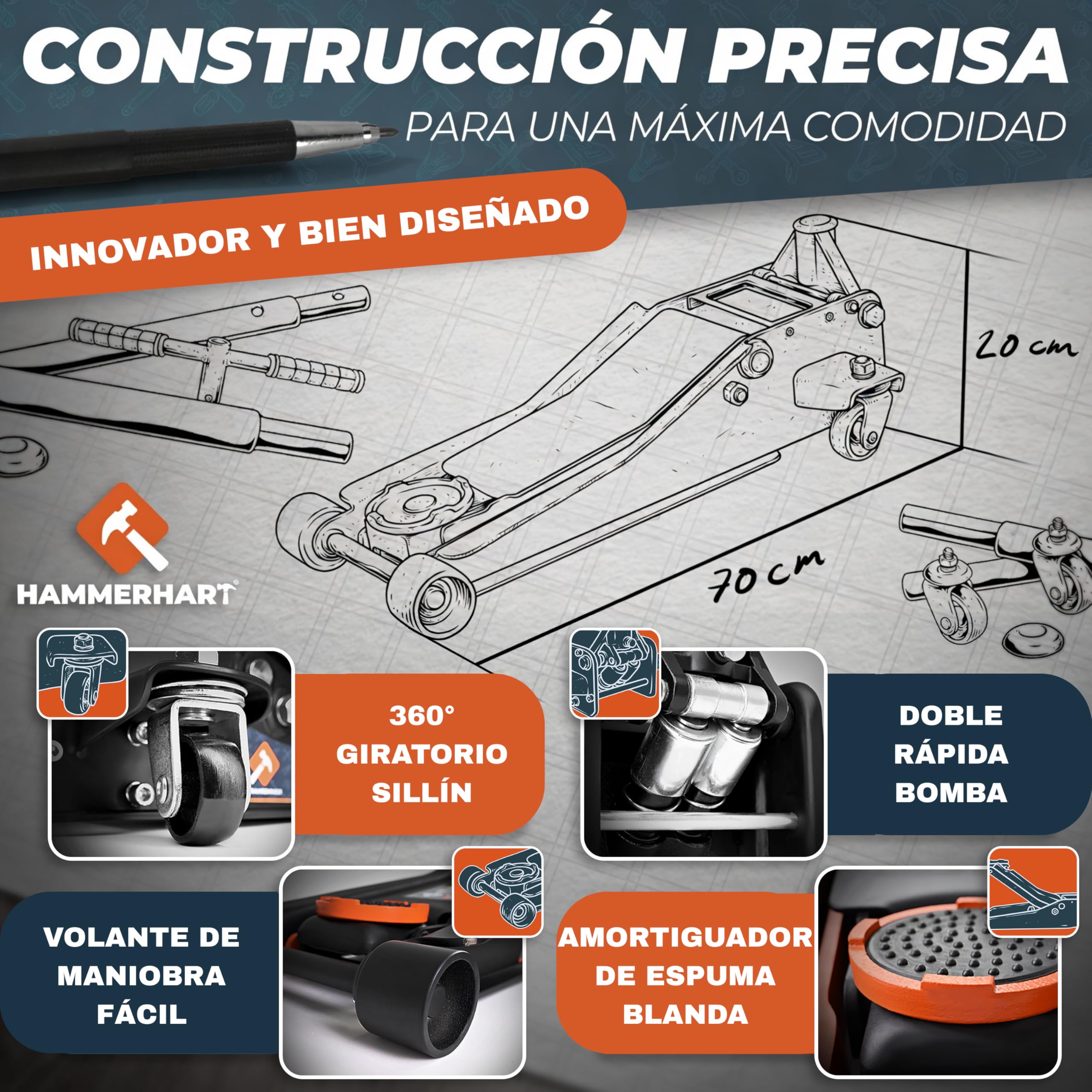 Gato hidraulico para Coche 3T | Gato Coche de maniobra homologado por TÜV con Altura de elevación de 75-505 mm | Gato hidráulico Premium con Ruedas de 360° y pistón Doble | Gato con Soporte de Goma y