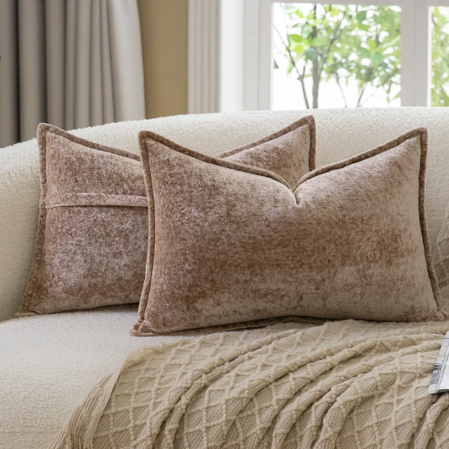 Madizz Decorative Vintage Chenille Cushion Covers Pack of 2 Plaid Couch Pillows Neutral Boho Farmhouse Pillow Cases Home Decor for Couch Sofa Bedroom Living Room 30x50 CM, Dark Taupe