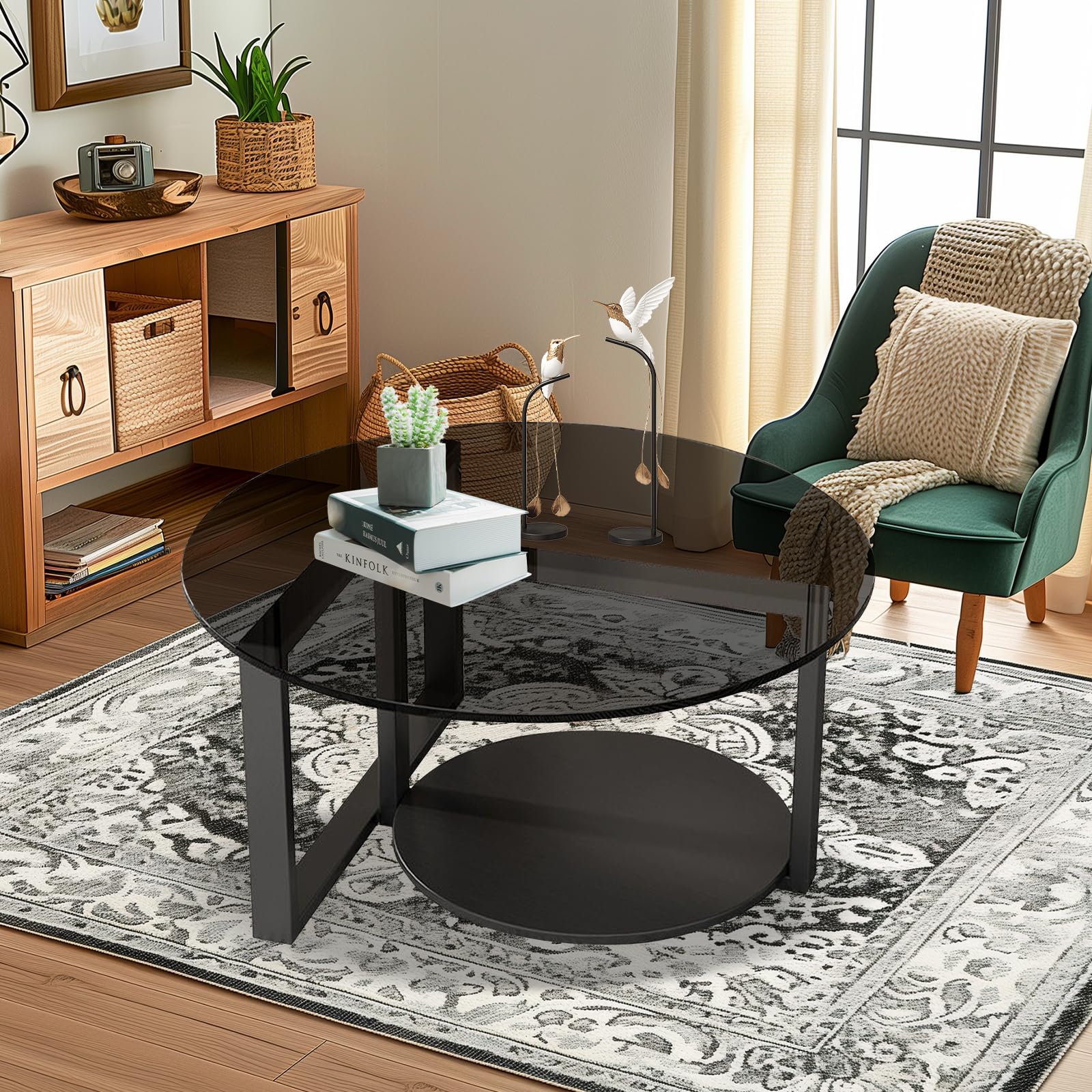 Couchtisch Rund Schwarz, Glas Couchtisch mit Stauraum, 60cm Doppelstöckiger Wohnzimmertisch Rund, Schwarz Round Coffee Table mit Metallrahmen