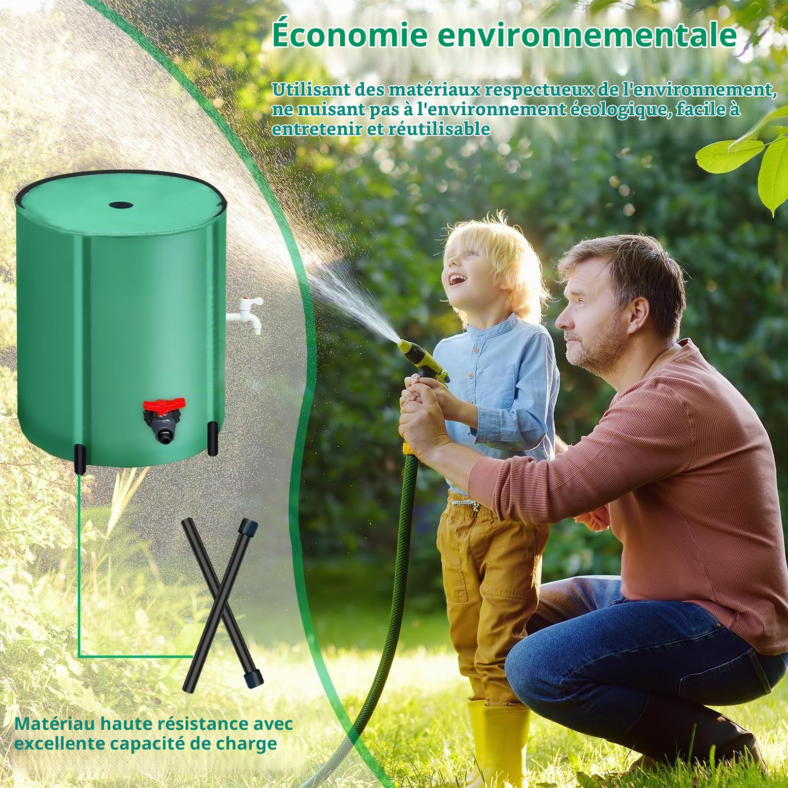 Seau à Pluie, 200L Récupérateur D'eau de Pluie Pliable Réservoir Eau Portable avec Couvercle Sortie D'eau Filtre à Mailles et 2 Robinets Reservoir Eau Vert pour Jardin avec Protection Anti-Débordement