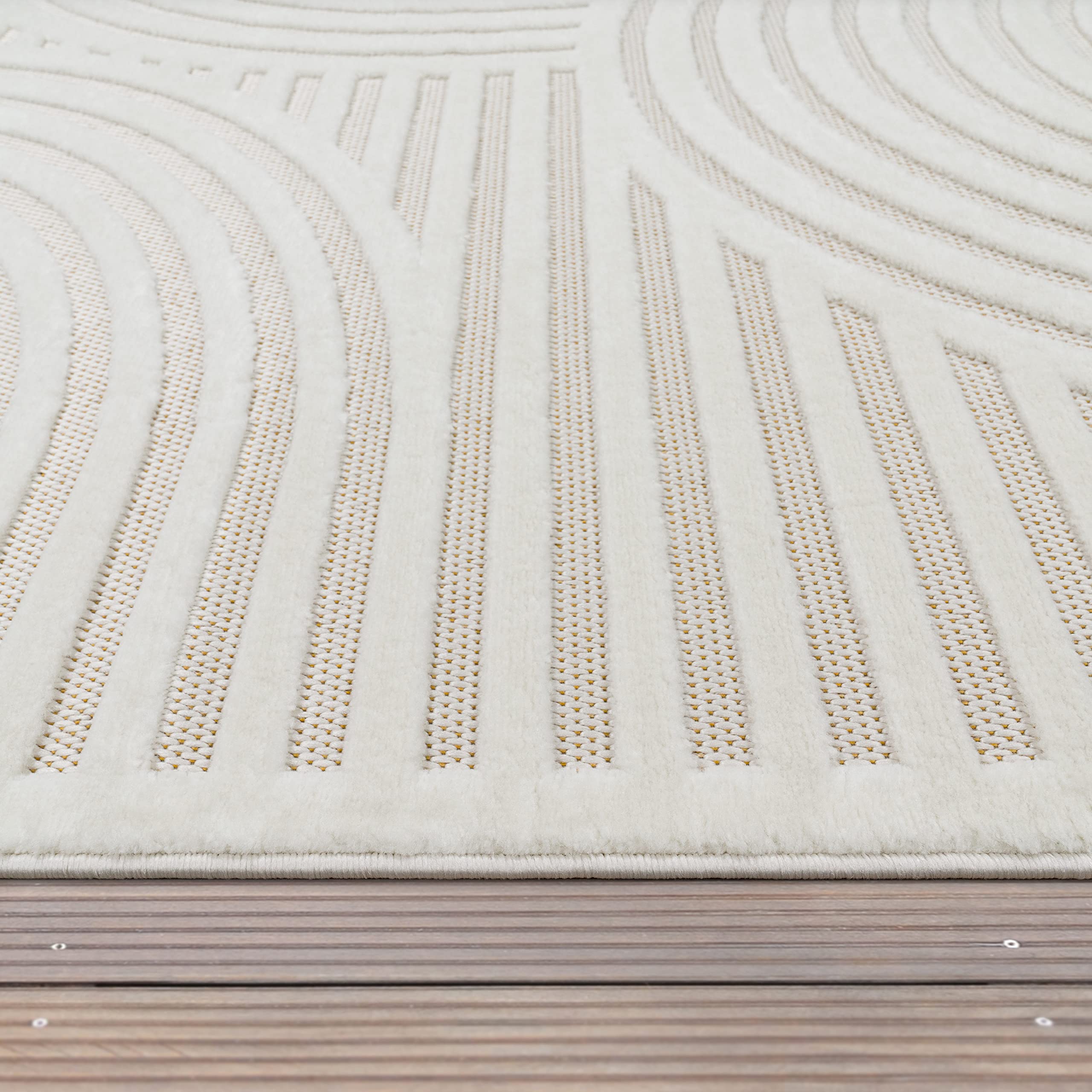 Paco Home Outdoor Teppich wetterfest & langlebig Moderne Boho-Designs mit 3D-Effekt Skandi-Look UV-beständig & robust für Balkon, Garten, Wohnzimmer & Küche, Grösse:200x280 cm, Farbe:Creme 4