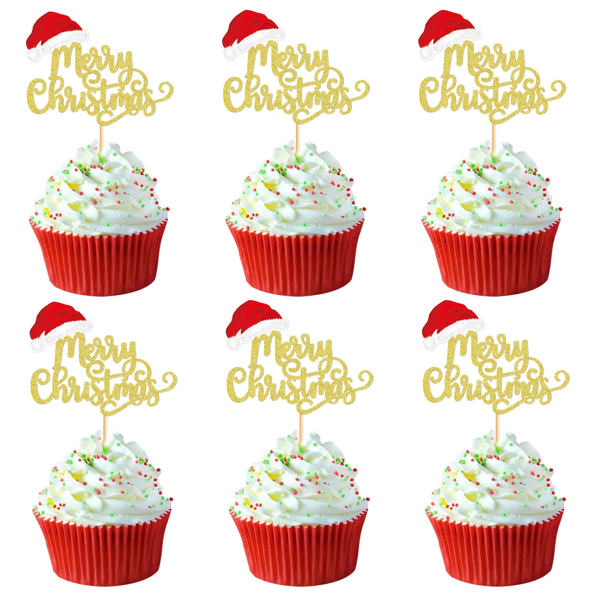 Blumomon 24Pcs Christmas Cupcake Toppers - Gold Glitter Merry Christmas Cake Toppers Toothpick Flags for Cake Decorations and Parties