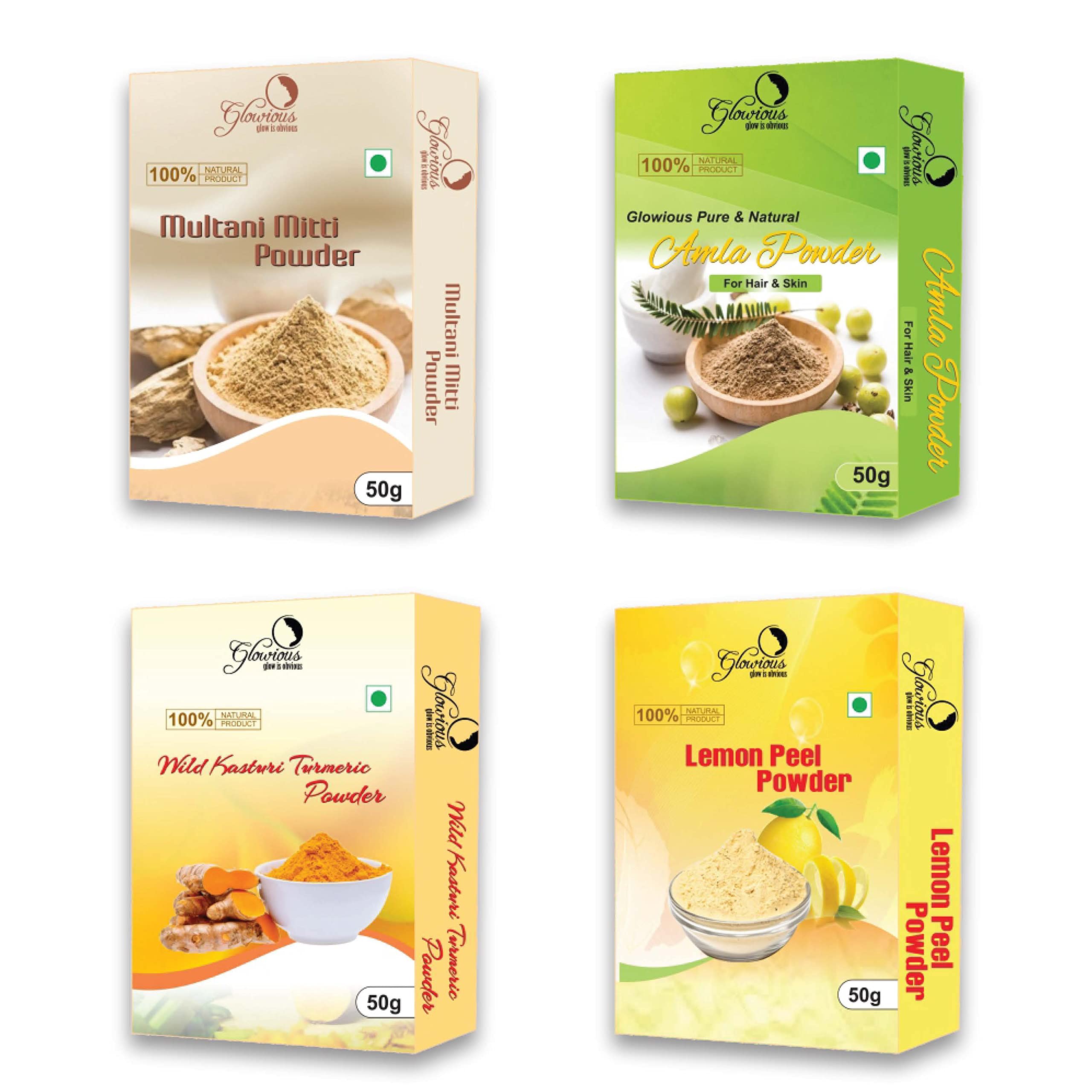 Glowious Skincare Combo Pack - 4 Natural Powders (Multani Mitti, Kasturi Turmeric, Lemon Peel, Amla) 200g Each for Radiant Skin | Organic Beauty Essentials