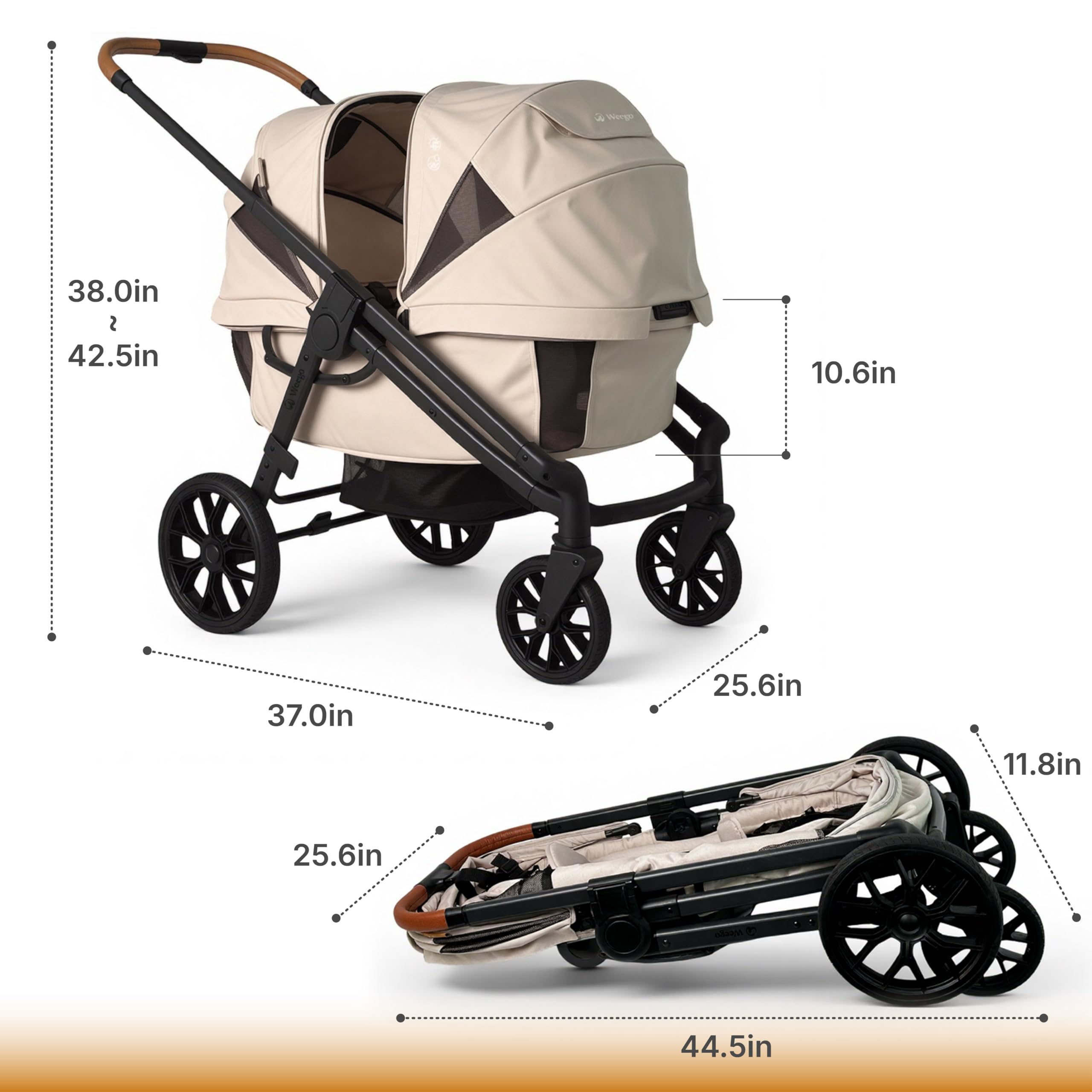 Tandem Wagon Kinderwagen für 2 Kinder, All-Terrain mit abnehmbarem UV-Schutzdach, verstellbarem Schiebe-/Ziehgriff, Snack-Tablett und Getränkehalter, perfekt für Baby und Kleinkind (Khaki)