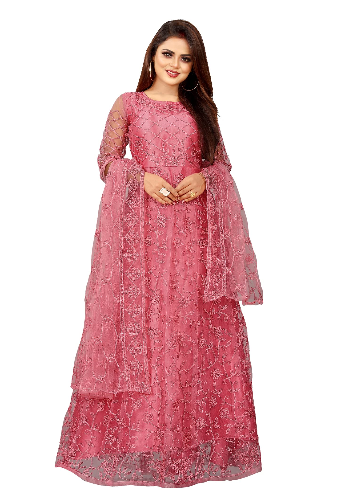 julee Women's Net Embroidered Semi-Stitched Gown (Peach_Free Size)-FALAK-picture-34