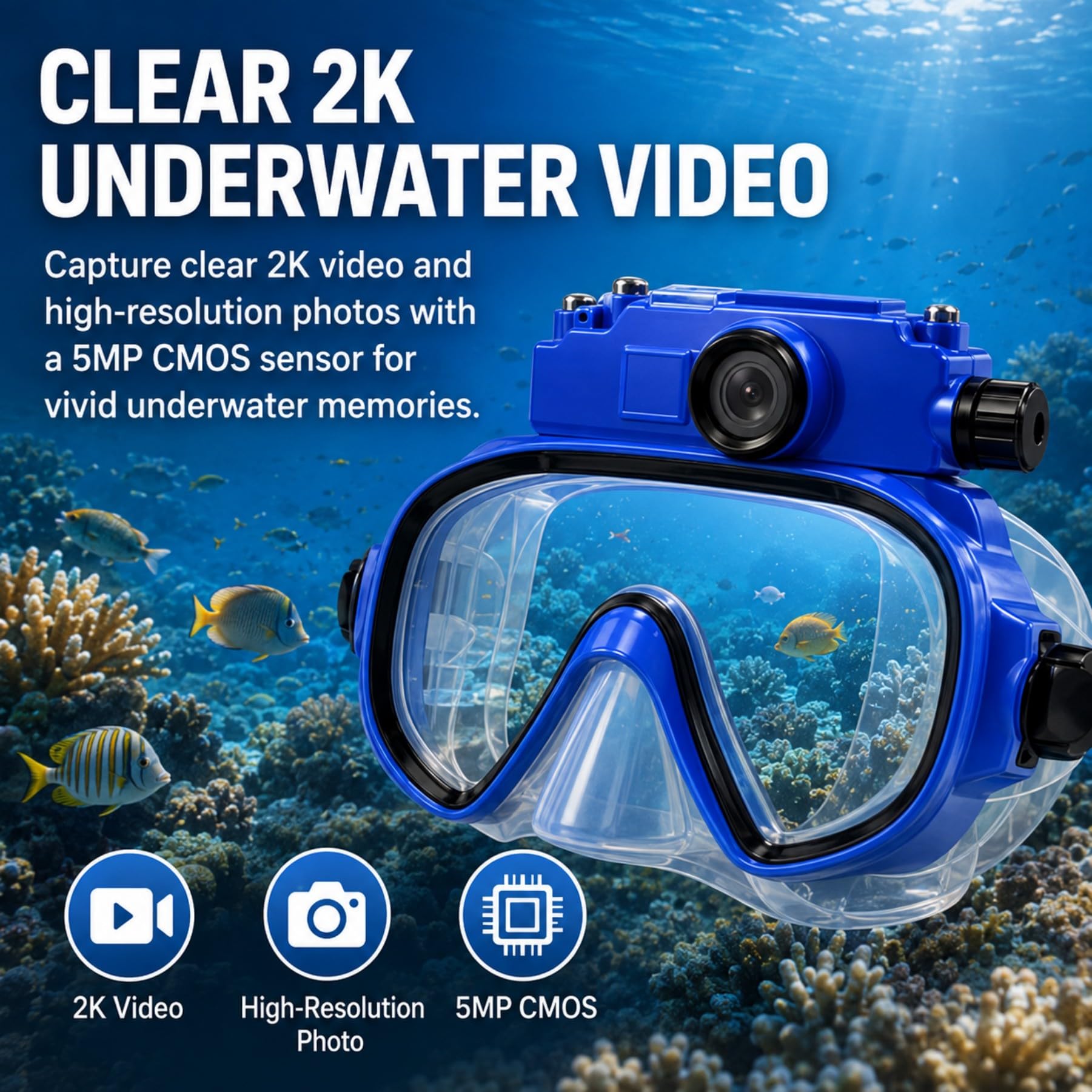Gafas de Buceo con Cámara 2K, Impermeables hasta 15m y Lente Gran Angular para Snorkel