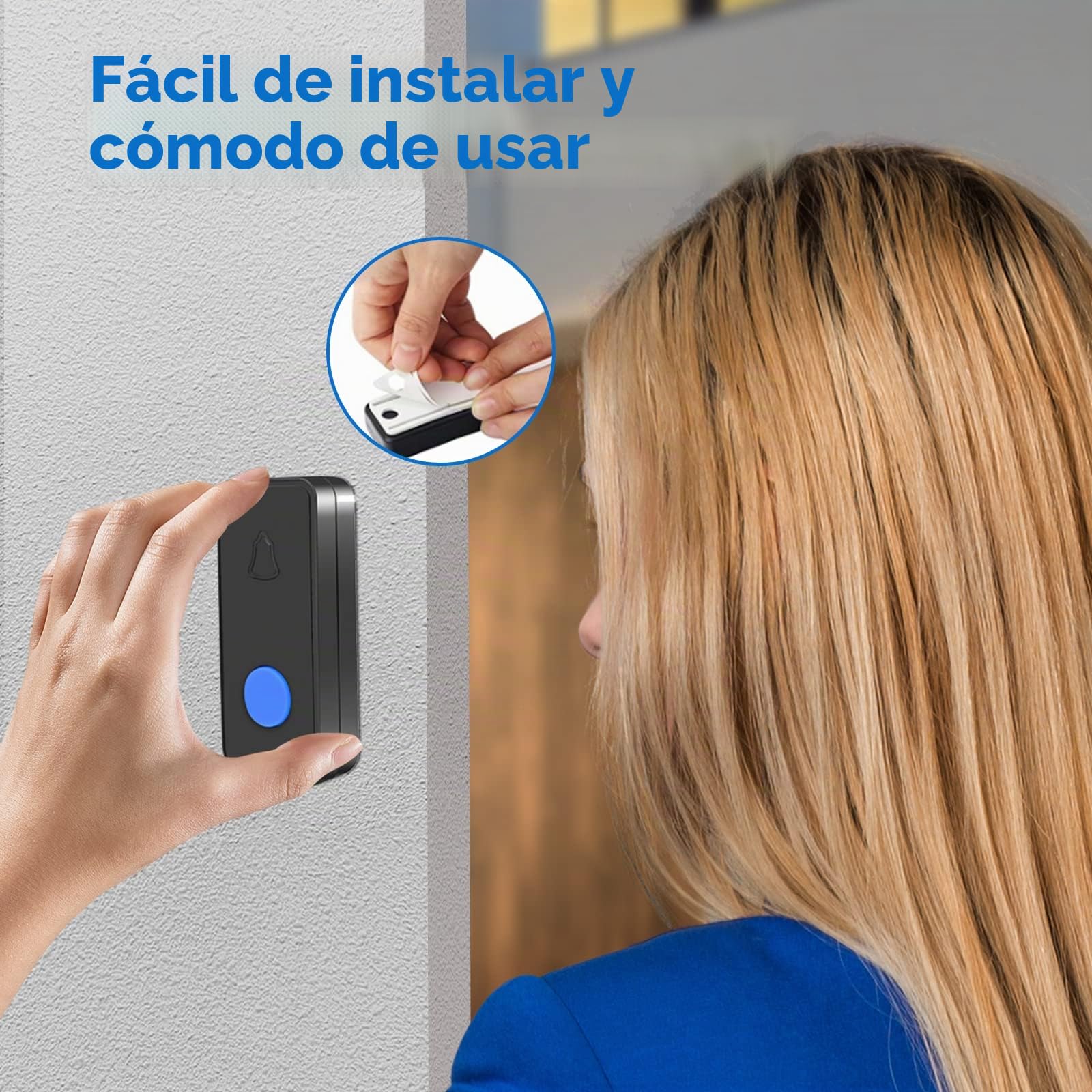 Nestling Timbre Inalámbrico, Kit Timbre Inalámbrico Exterior Impermeable IP55, Alcance 300m, 55 melodías, 5 Niveles de Volumen, LED Azul para Emergencias en el Hogar Oficina, Negro