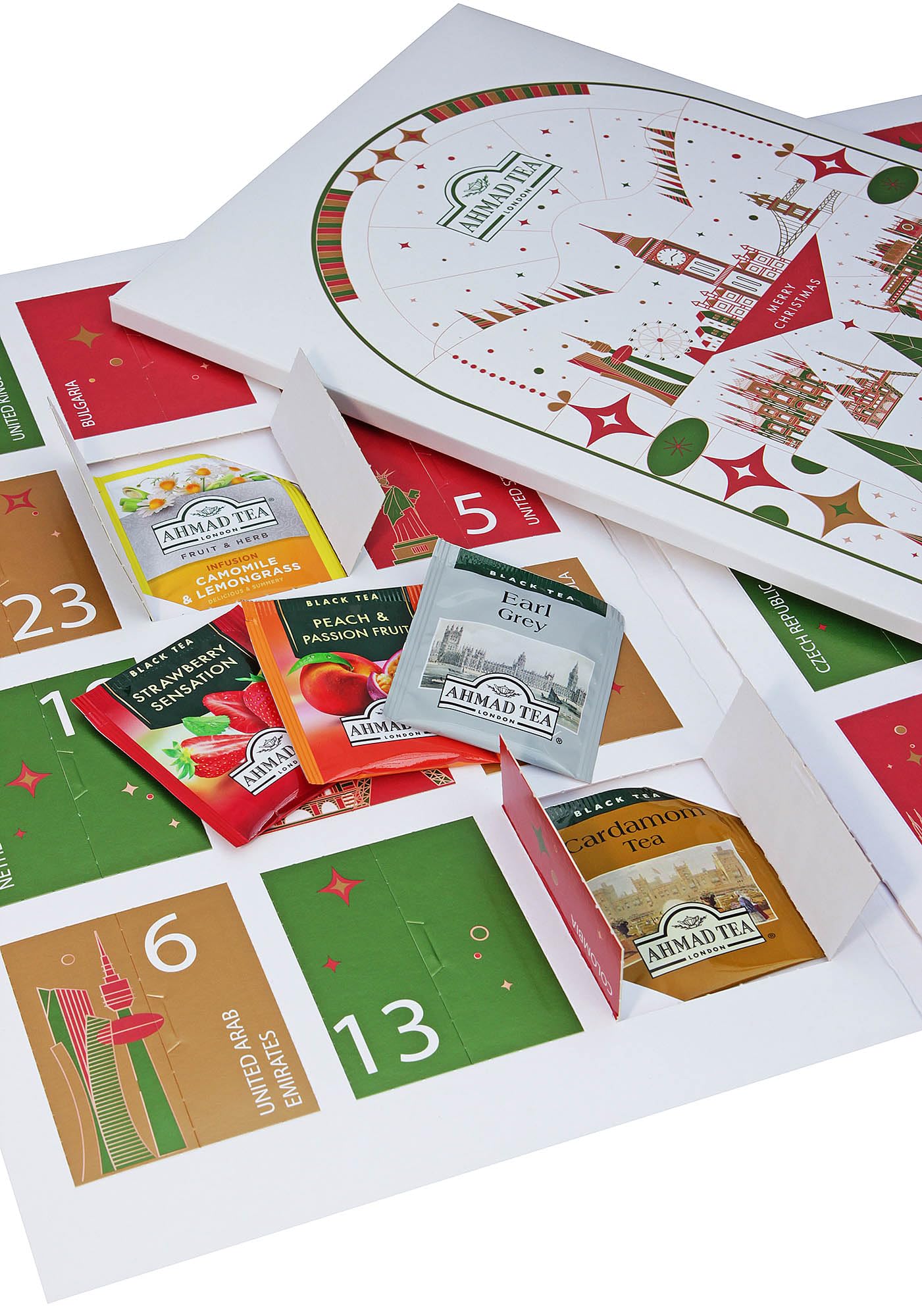Ahmad Tea Té Calendario de Adviento 2025 - Calendario de Escritorio Plegable - 24 Bolsitas de Té Diferentes - 46,8g