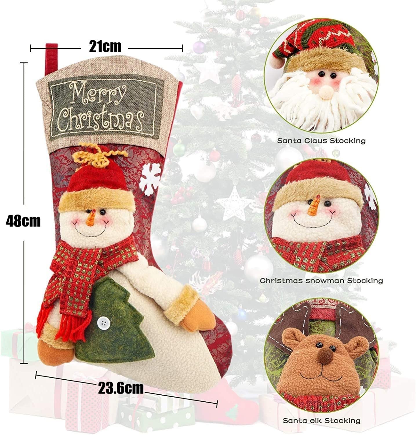 LATERN 3 Pezzi Calza di Natale, 46cm Calze di Natale Grandi Sacchetto Regalo con Babbo Natale, Pupazzo di Neve E Renna 3D con Fiocco di Neve per Decorazione della Festa di Natale delle Vacanze