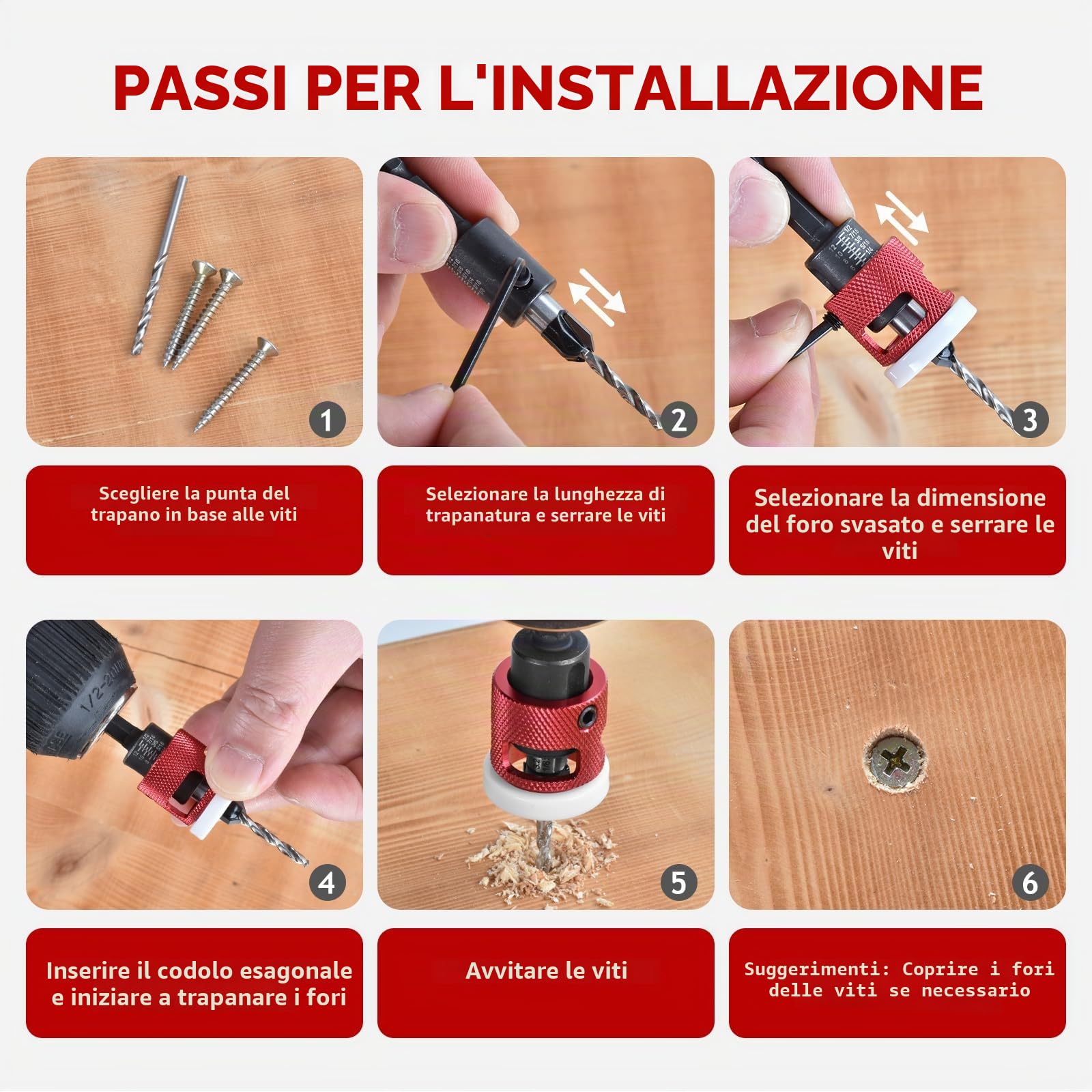 Set di 5 punte per trapano a svasatura per legno, con attacco esagonale, in HSS-M2, fori precisi, per officina, lavorazione del legno