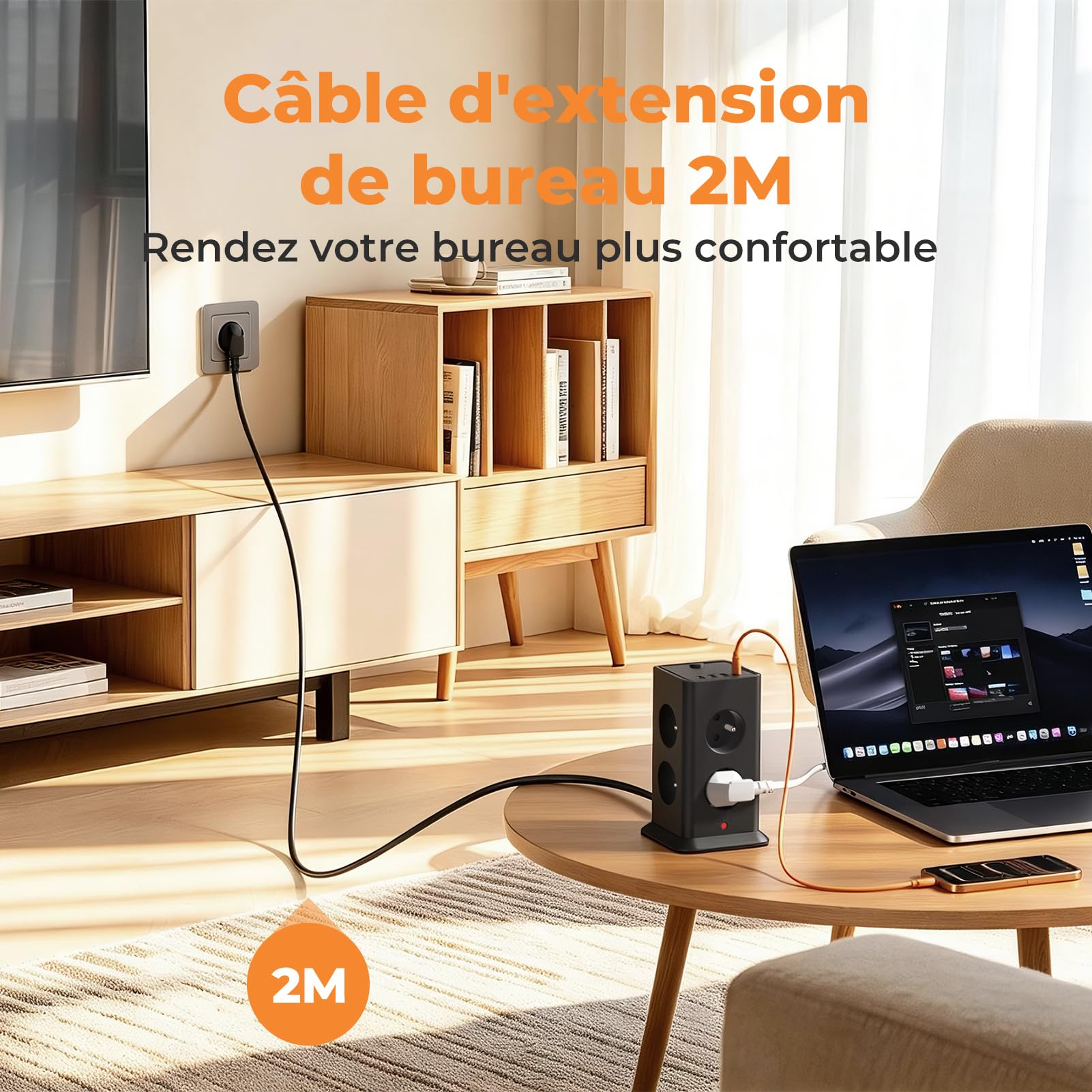 12-in-1-Mehrfachsteckdose mit Schalter, französische Steckdose, 8 AC-Anschlüsse mit 4 USB-Anschlüssen, Mehrfachsteckdose, Überspannungsschutz und Überspannung mit Schalter, 3680 W, Kabel 2 m, für Haus