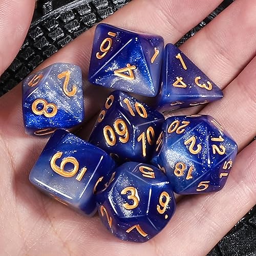 Miniatura 6 de CiaraQ DND - Juego de dados poliédricos para Dungeons and Dragons RPG MTG, juegos de mesa con bolsa de dados (azul + blanco + purpurina)