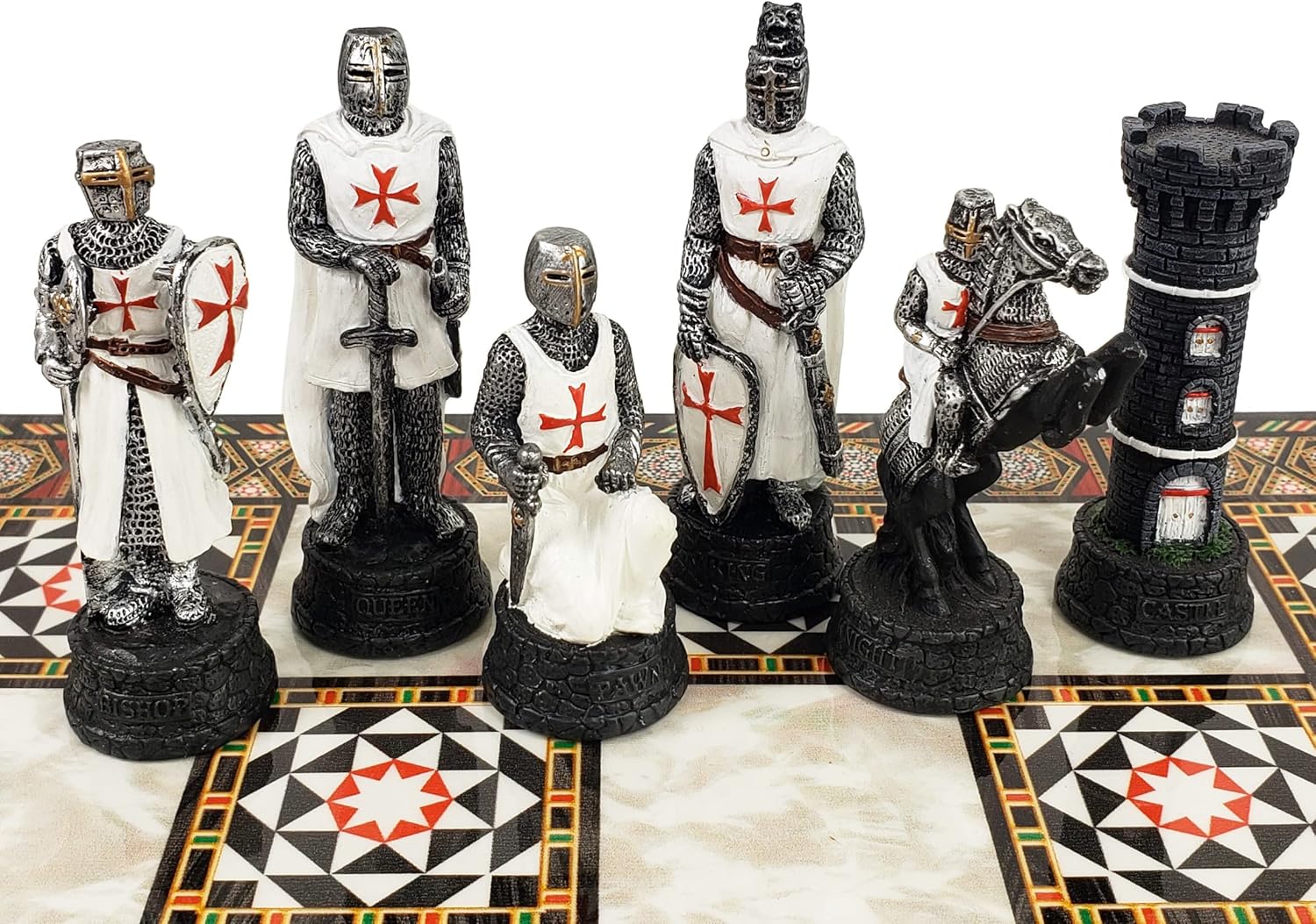 Medieval Times Crusades Warrior Chess Set Red & White Maltese Cross with 16 1/2" Mosaic Design Board